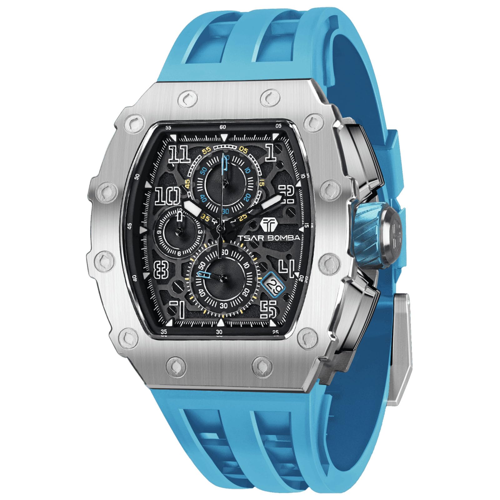 TSAR BOMBA Relojes Cuarzo Hombre Tonel Lujo Reloj de Pulsera Cristal Zafiro Movimiento Japonés Impermeables 50M Luminoso Fecha Esqueleto Cuadrados Analogico Deportivo Cronógrafo Reloj de Hombre