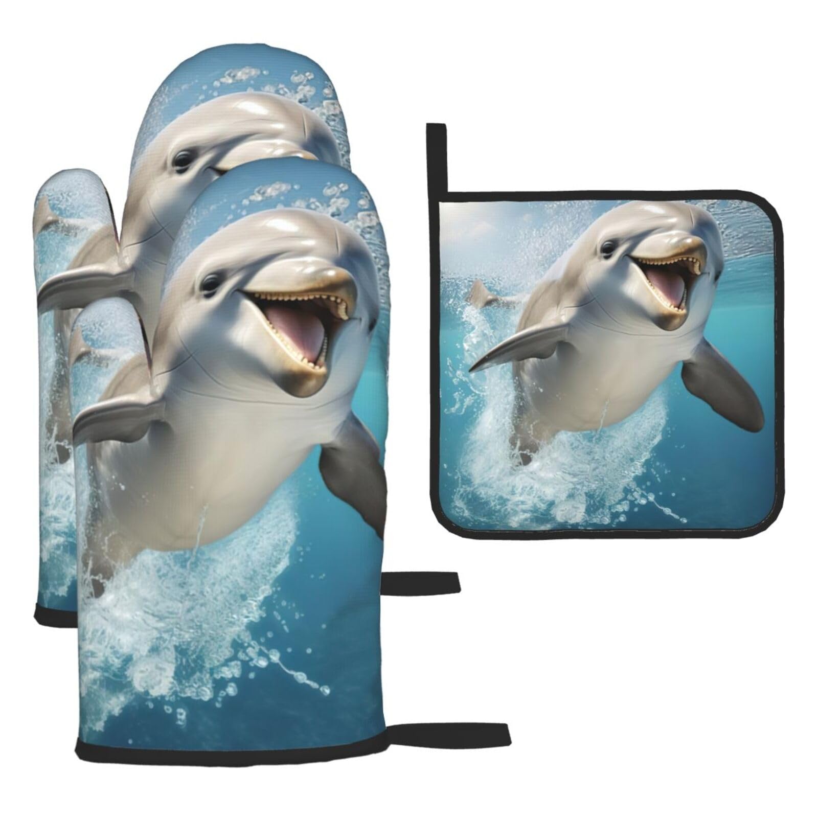 Funny Animal Dolphin Print Oven Mitts Kitchen Gloves Set Everyday Baking Grilling Microwaving Cooking Gift