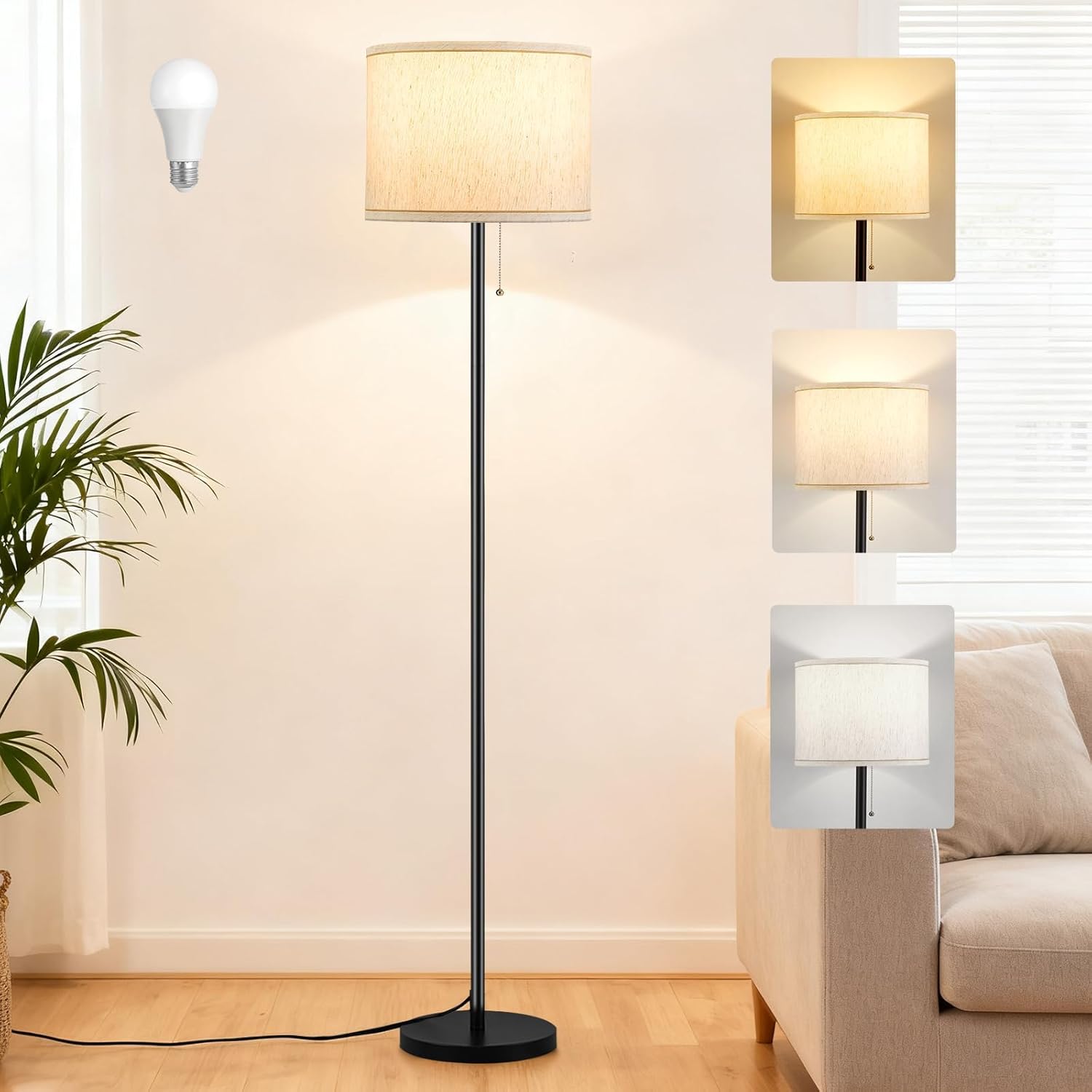 Floor Lamp for Living Room, Arc Dimmable Standing Reading Lamp with a 10W RGBCW Colour Changing Bulbs, Black Modern Tall Lamps with Lampshade for Bedroom