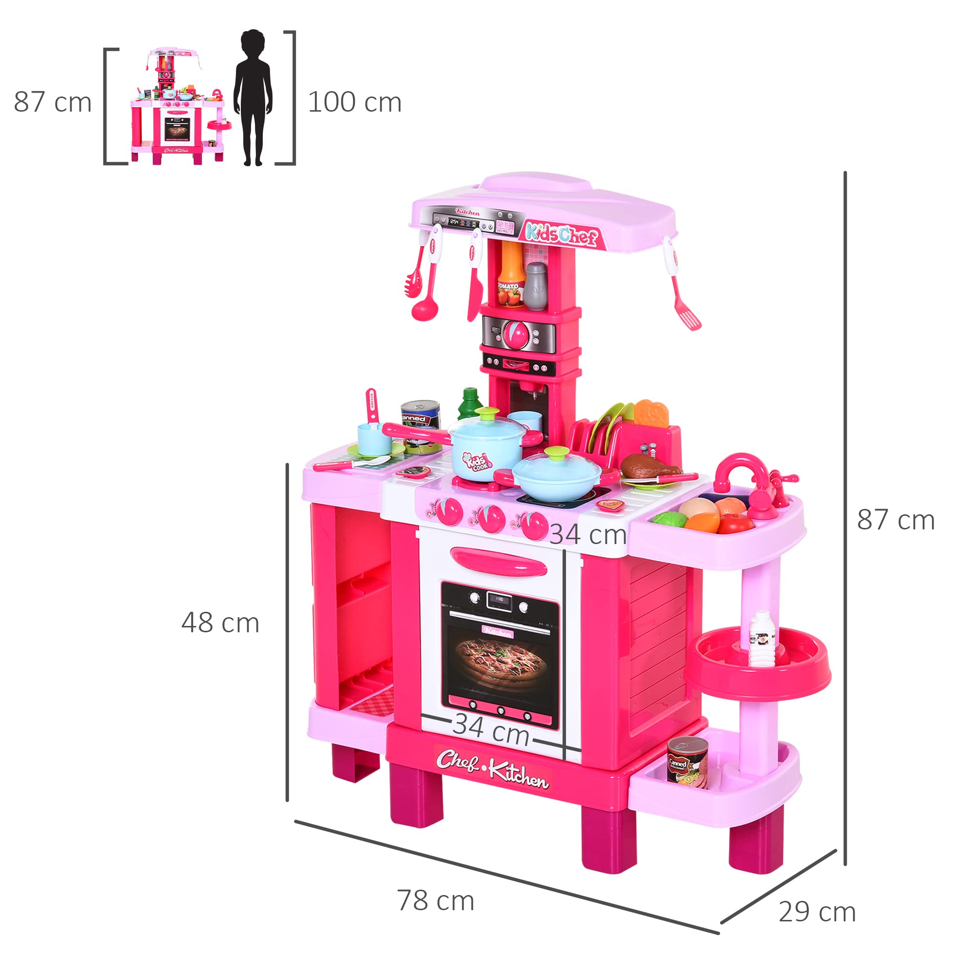 HOMCOM Cucina Giocattolo per Bambini con 38 Accessori Inclusi, Gioco con Luci e Suoni Realistici, 78x29x87cm, Rosa