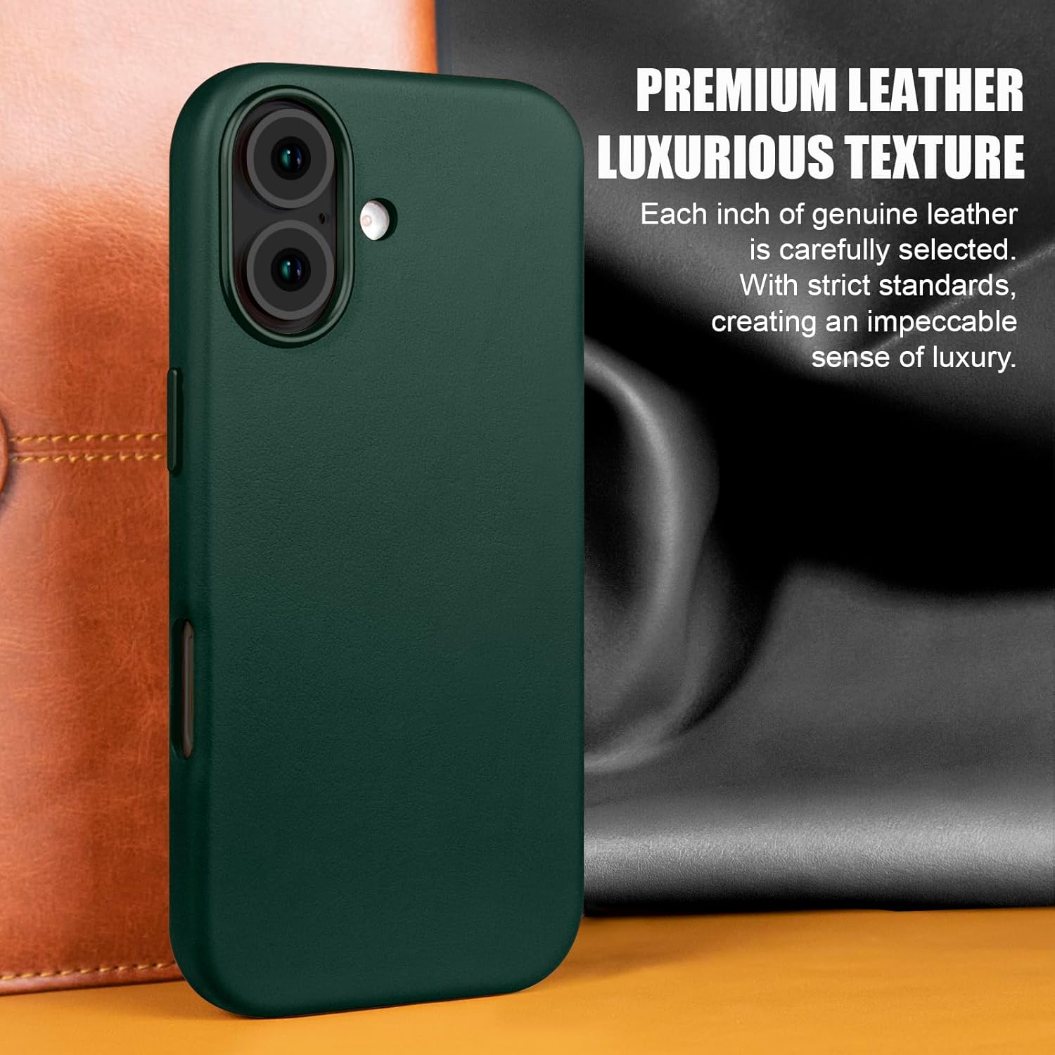 for iPhone 17 Leather Case Compatible with Magsafe, Top Grain Leather, Professional Slim Fit Shockproof, Metal Buttons & Camera Bump Frame Phone Protective Magnetic Cover Green - Image 2