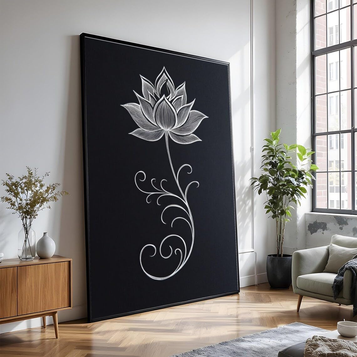 XINBAO Obraz na płótnie z białym kwiatem lotosu, minimalistyczny design botaniczny, dekoracja na czarnym tle, naturalne płótno, obraz (60 x 90 cm/rama wewnętrzna)
