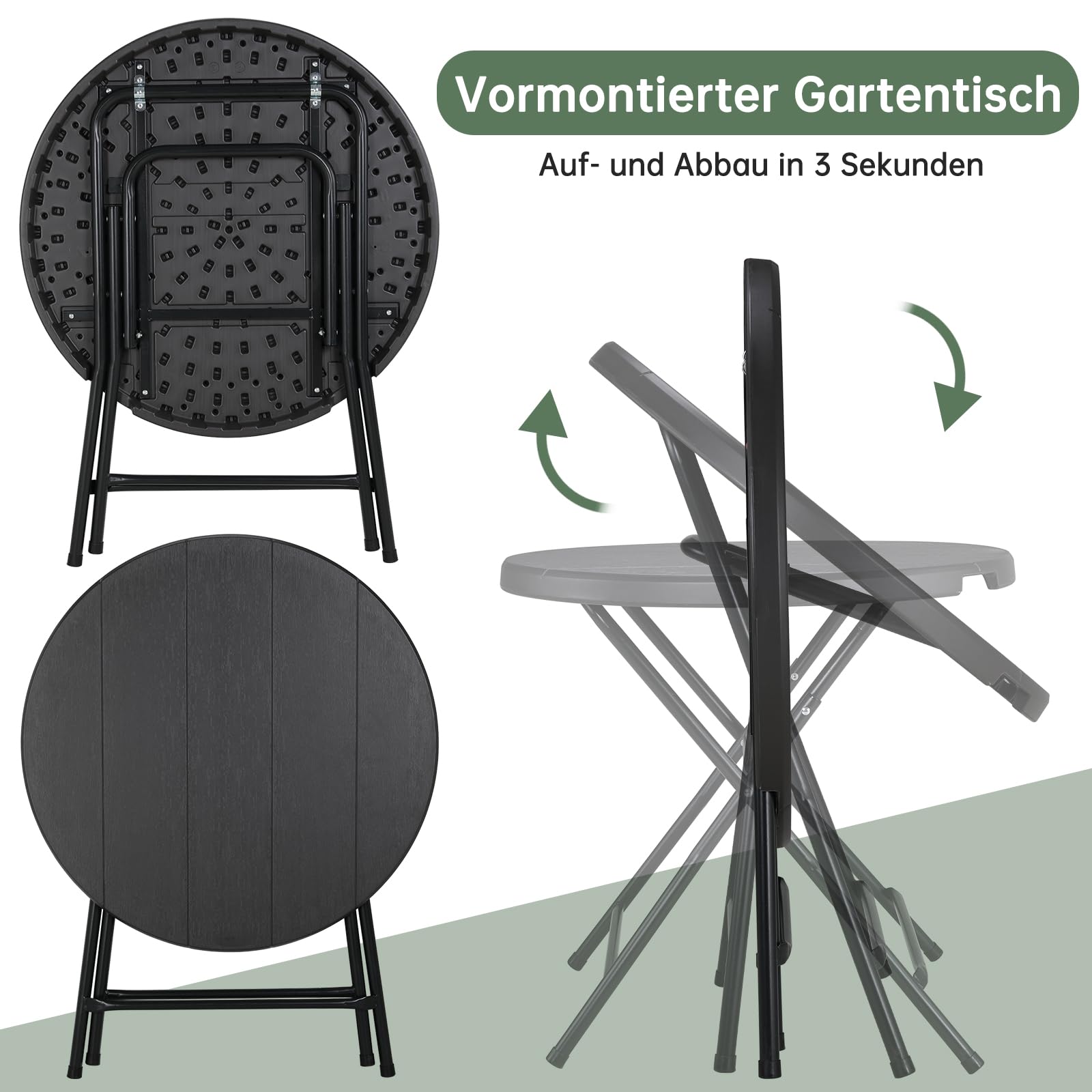 Clevich Gartentisch Klappbar, Beistelltisch Rund Holz-Optik, HxD: 74x80 cm, Balkontisch mit Stahlrahmen Beine, Hochstabiler Campingtisch, Wetterfest, Pflegeleicht, für Balkon, Garten & Terrasse
