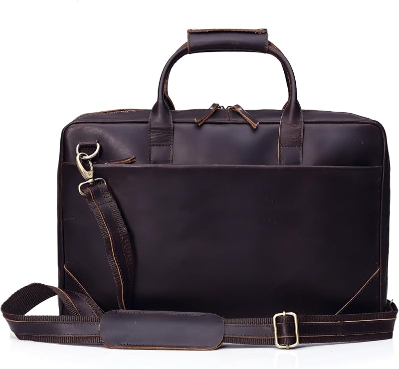 Maletín delgado de cuero de plena flor para hombres, bandolera para computadora portátil, bolso marrón Vintage para trabajo de negocios, bolso de abogado