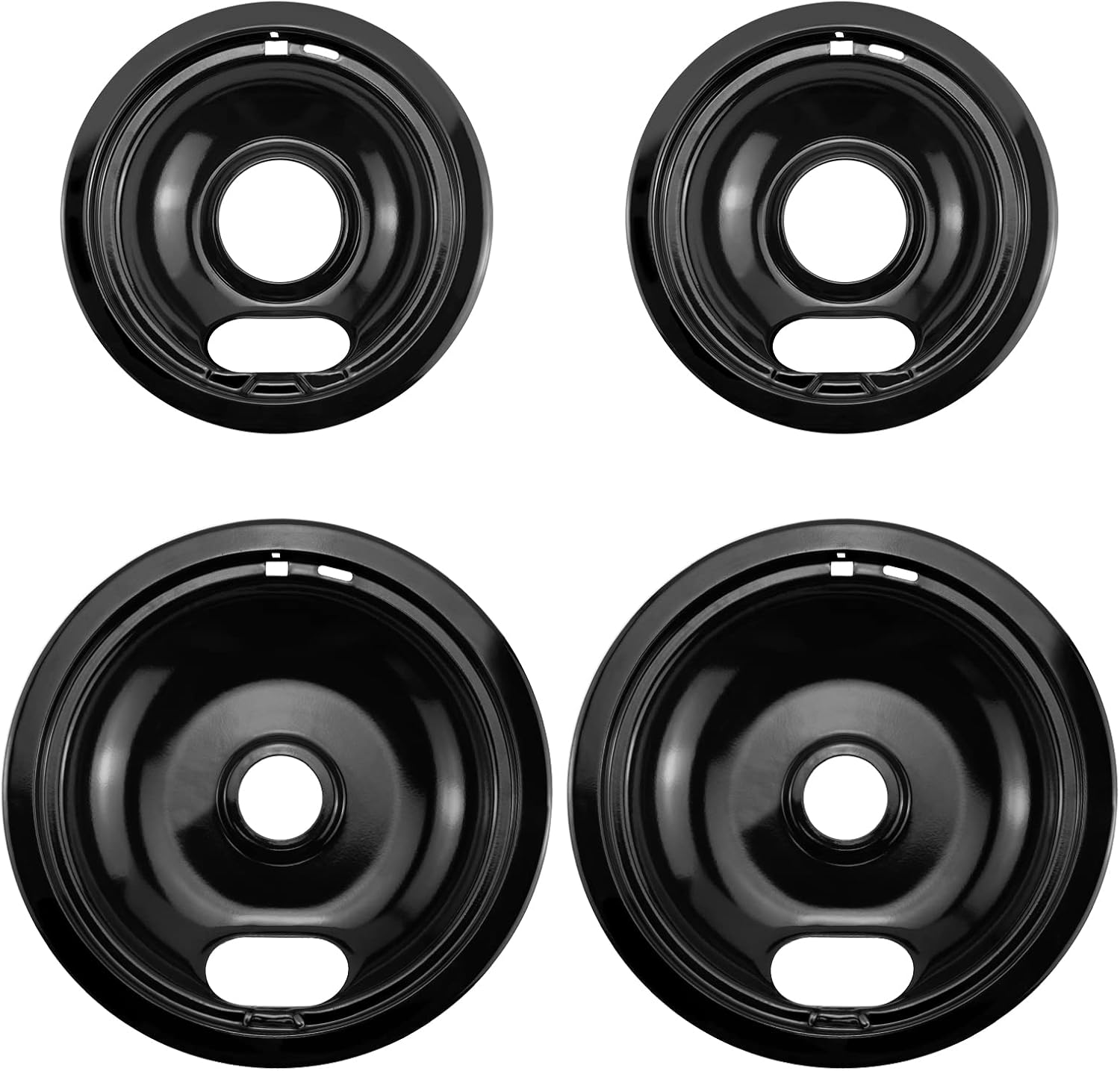 W10290350 W10290353 Burner Porcelain Drip Pans Set Replacement by APPLIANCEMATES Fits whirlpool Electric Range Stove Top Drip Bowls 4-Pack Includes 2 Large 8-Inch and 2 Small 6-Inch (Black)