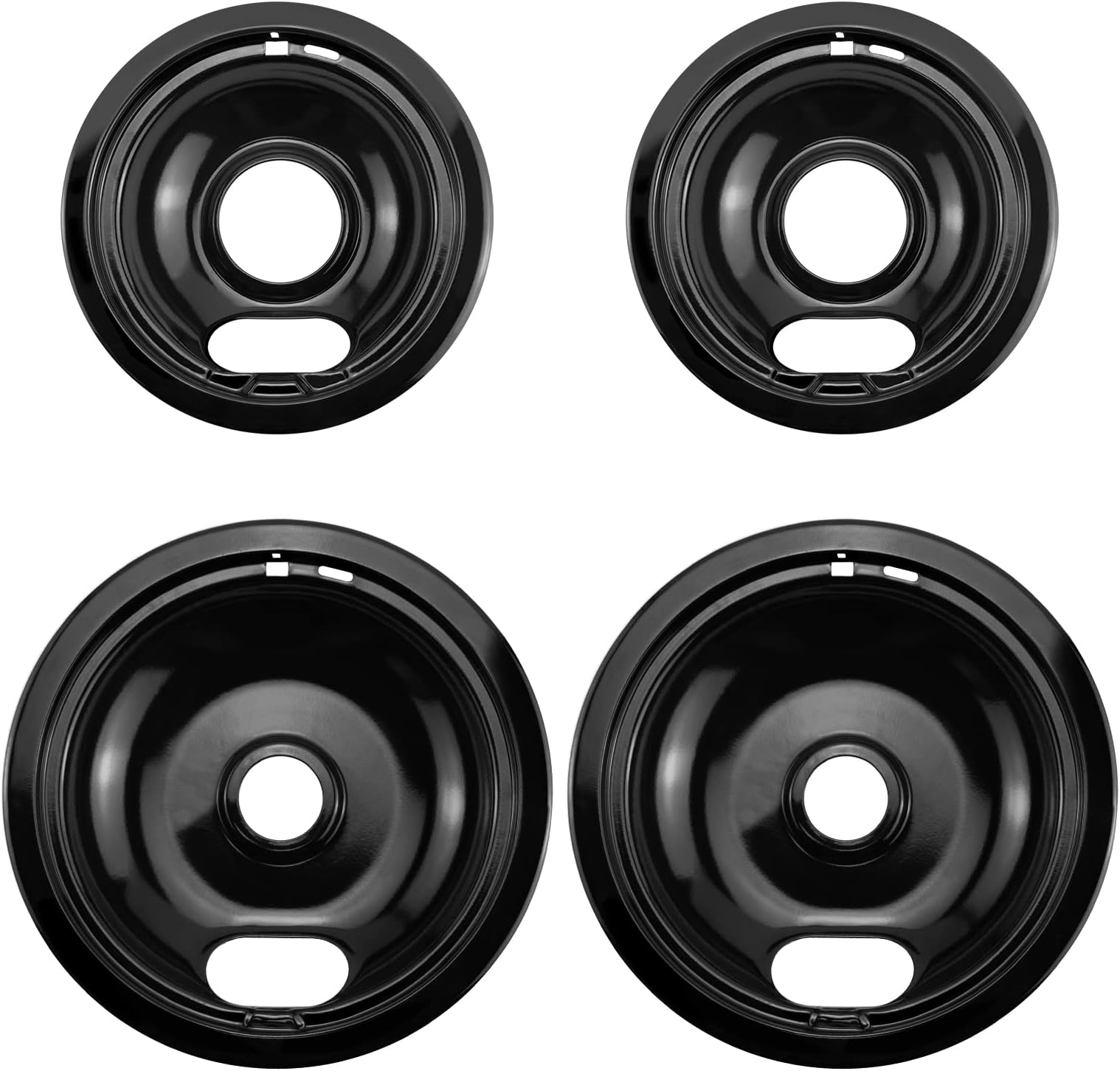 W10290350 W10290353 Burner Porcelain Drip Pans Set Replacement by APPLIANCEMATES Fits whirlpool Electric Range Stove Top Drip Bowls 4-Pack Includes 2 Large 8-Inch and 2 Small 6-Inch (Black)
