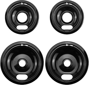 W10290350 W10290353 Burner Porcelain Drip Pans Set Replacement by APPLIANCEMATES Fits whirlpool Electric Range Stove Top Drip Bowls 4-Pack Includes 2 Large 8-Inch and 2 Small 6-Inch Black
