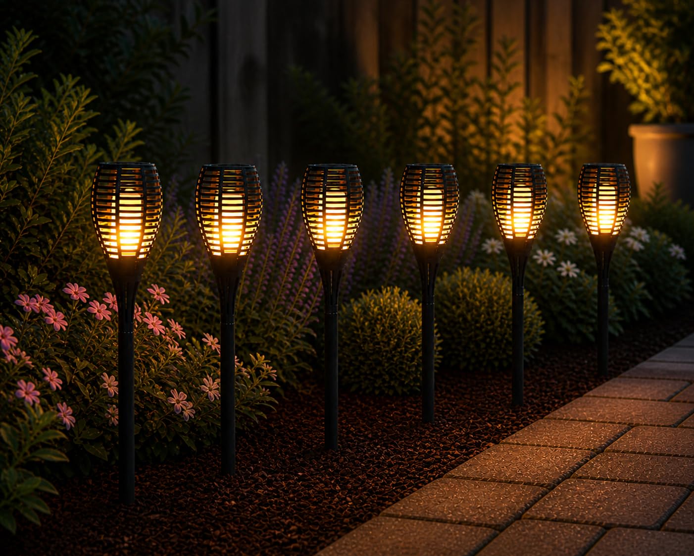 Garden Mile Solar LED Flaming Stake Lights 6pc Garden Torch Lights with Realistic Flame Effect Waterproof Garden Lamp Stakes for Outdoor Yard Pathway Flame Effect