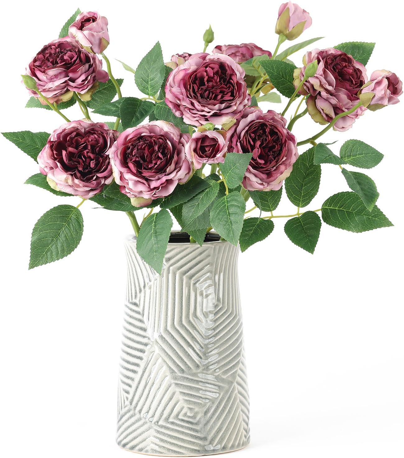 mizii 4Pcs Burgundy Artificial Roses Flowers Fake Silk Rose Flower with Leaves Stems Realistic Faux Floral Arrangement Decorations for Wedding Table Centerpieces Vase Home Decor (Burgundy)