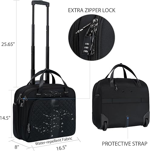 Miniatura 2 de KROSER Maletín con ruedas para laptop de hasta 15.6 pulgadas, repelente al agua con bolsillos RFID para viajes, negocios, mujeres, Quilte Negro,