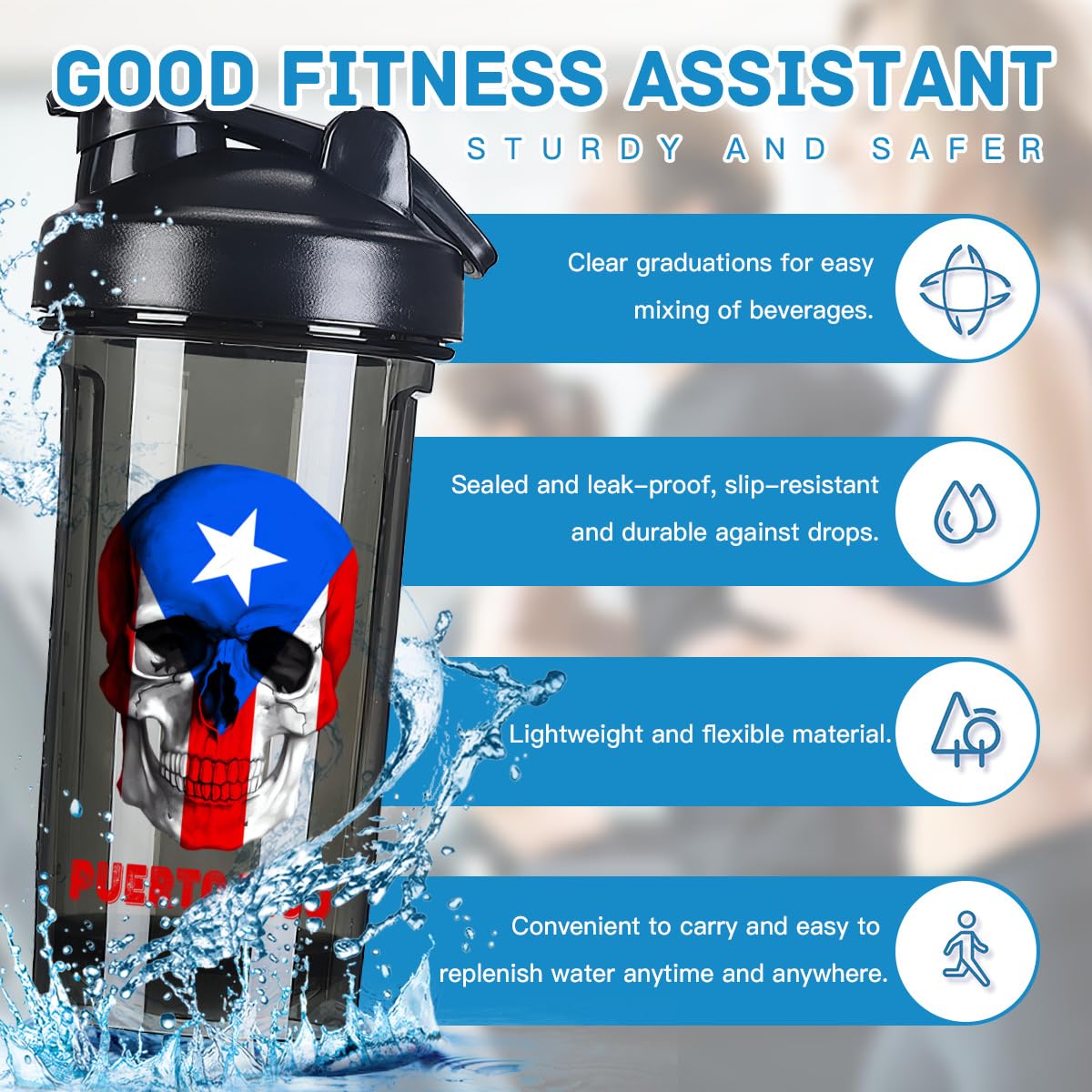 Skull Porto Rico Flag 18 Ounce Shaker Cup,Fashion Theme Pattern Shaker Bottle Leak-proof Workout Shake Bottles 500ML/18 oz Perfect for Pre Workout