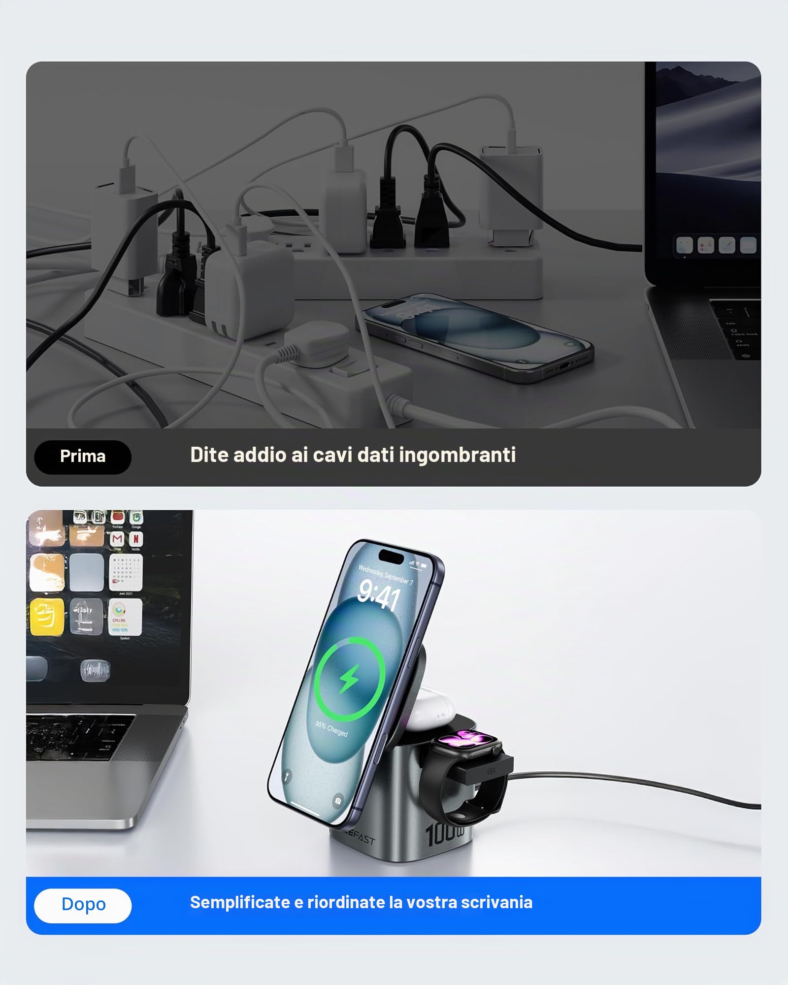 ACEFAST Stazione di ricarica rapida Qi2 6 in 1 da 25 W GaN wireless per iPhone 17 serie 16, con cavo retrattile USB C da 100 W, supporto magnetico per caricabatterie wireless per iWatch, per Samsung