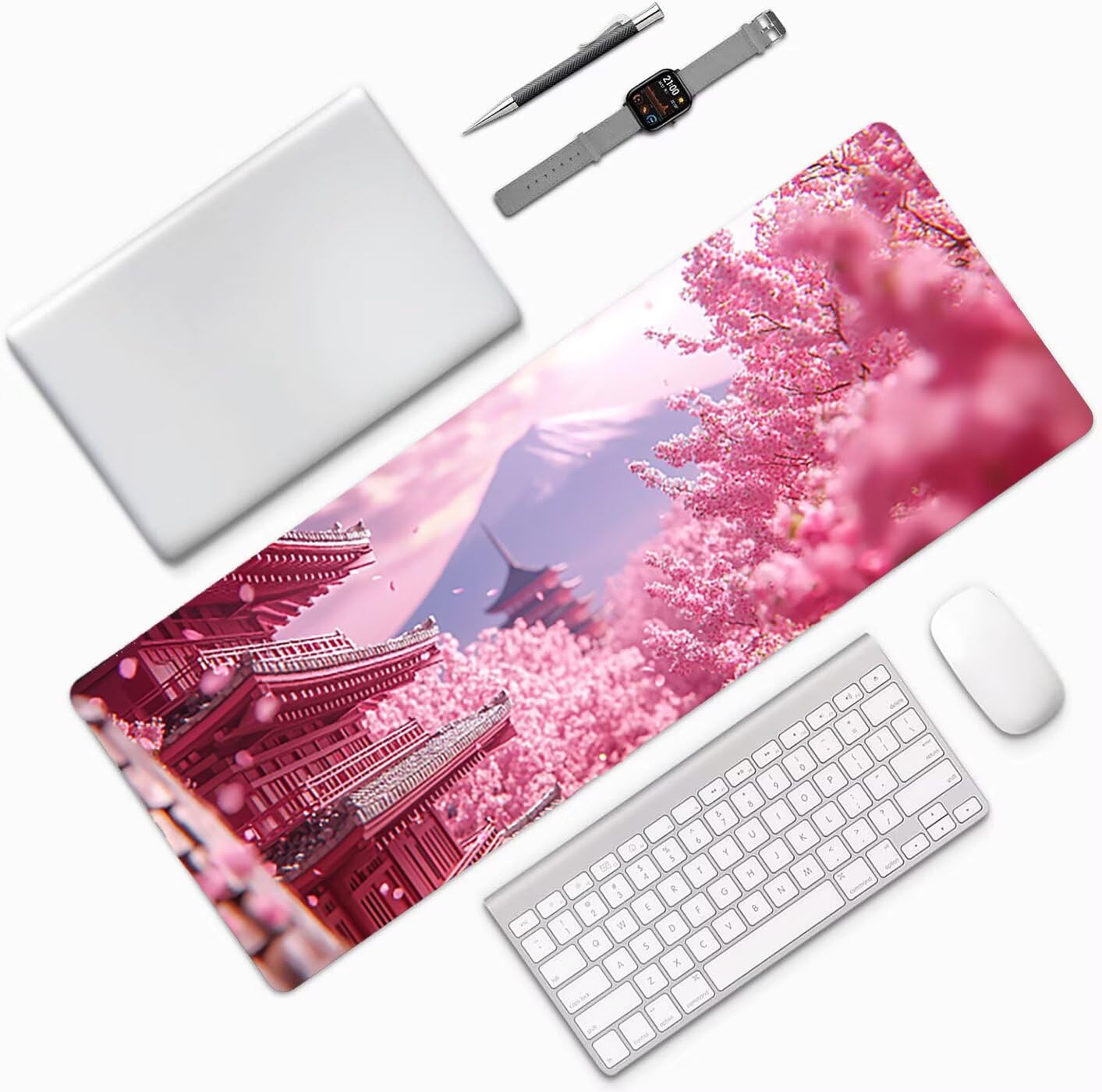Lpfieonn Kirschblüten Großes Schreibtischunterlage, XXL Schreibtischunterlagen, Landschaft XXL Gaming Mousepad mit Vernähter Rand und Rutschfeste Gummibasis, für Hause/Büro 120x60cm PF-2759
