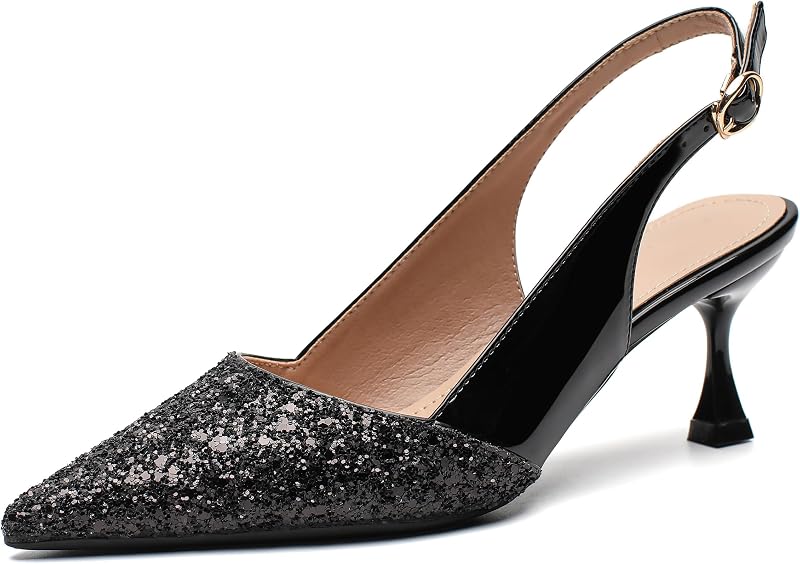 Zapatos de salón de cuero con punta de lentejuelas y tacones altos para gatitos de 2 pulgadas para mujer cómodos zapatos de aguja para vestidos de novia sin cordones