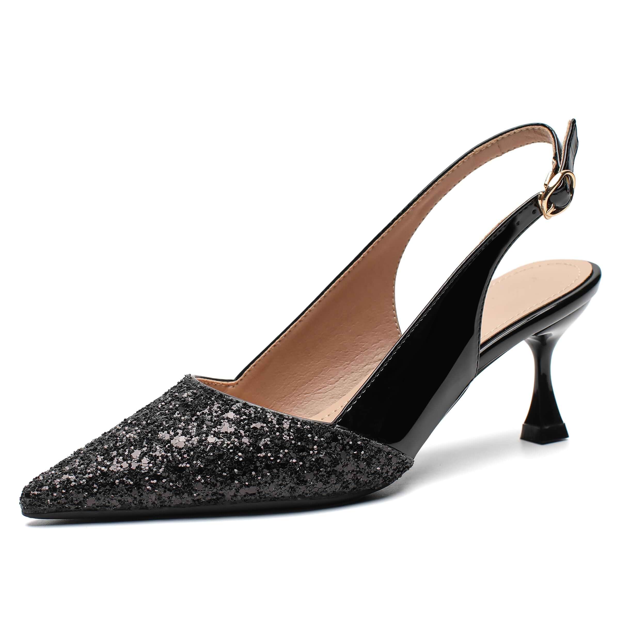 congliji Women's Kitten High Heels 2 Inch Sequin Pointed Toe Leather Pumps Comfortable Slip On Wedding Party Dress Stilett...