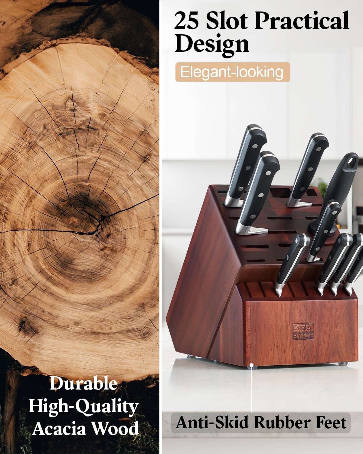 Cooks Standard Acacia wood Knife Block Holder without Knives, 25 Slot X-Large Universal Countertop Butcher Block Kitchen Knife Stand for Easy Kitchen Storage - Image 5