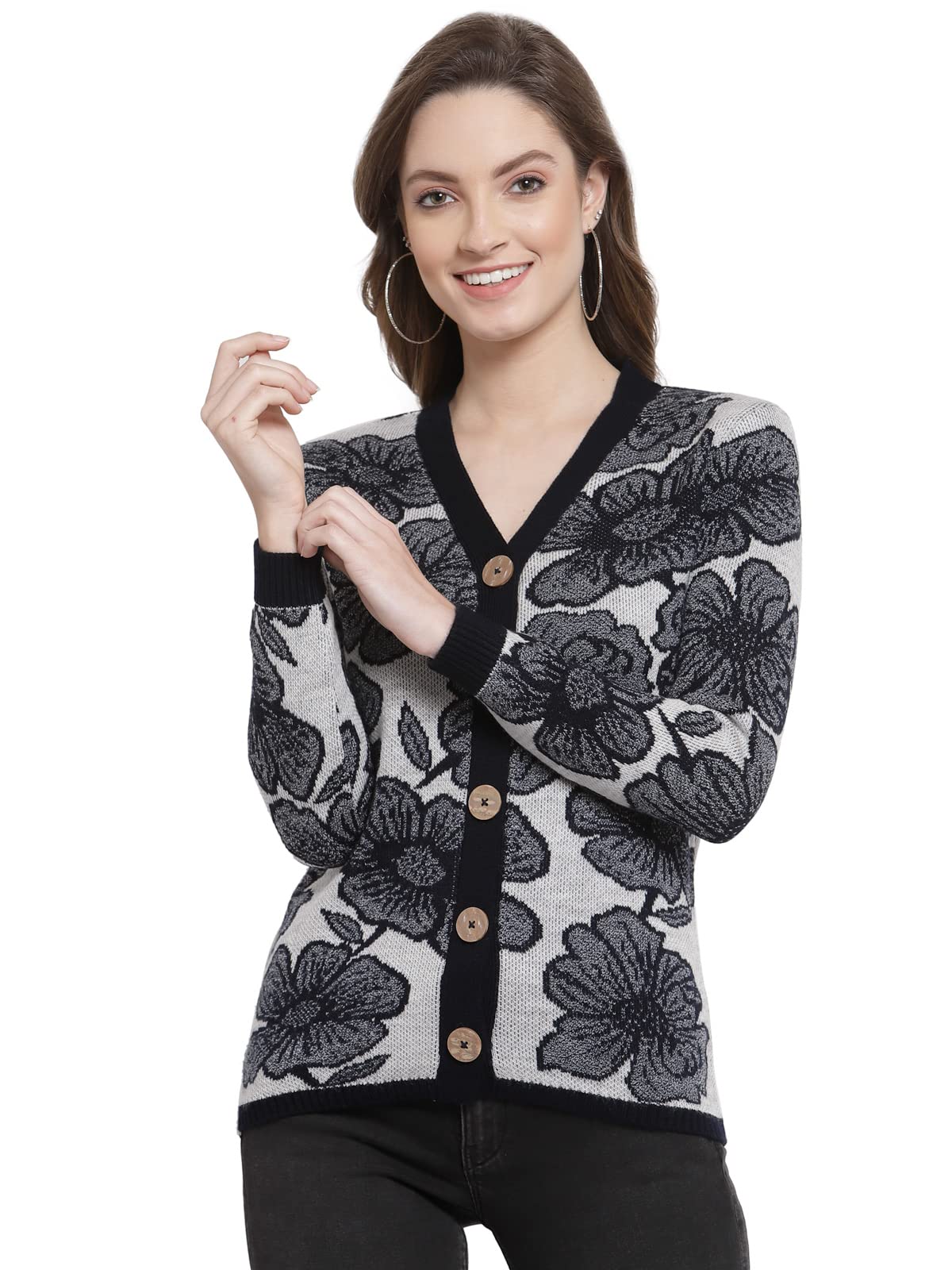 Women Sweater for Winter Woolen Acrylic Full Sleeves V Neck Aztec Design Cardigan Sweater for Women Winter Woollen Stylish-image-1