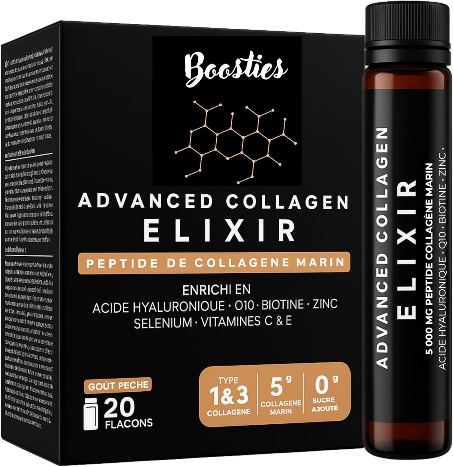 Collagen Drink Booster – Powerful Collagen 5000mg + Hyaluronic Acid, Q10, Vitamin C & E, Biotin & Zinc, Selenium – Peach Flavour – Beauty, Skin, Hair, Nails, Joint – 20 Liquid Shots