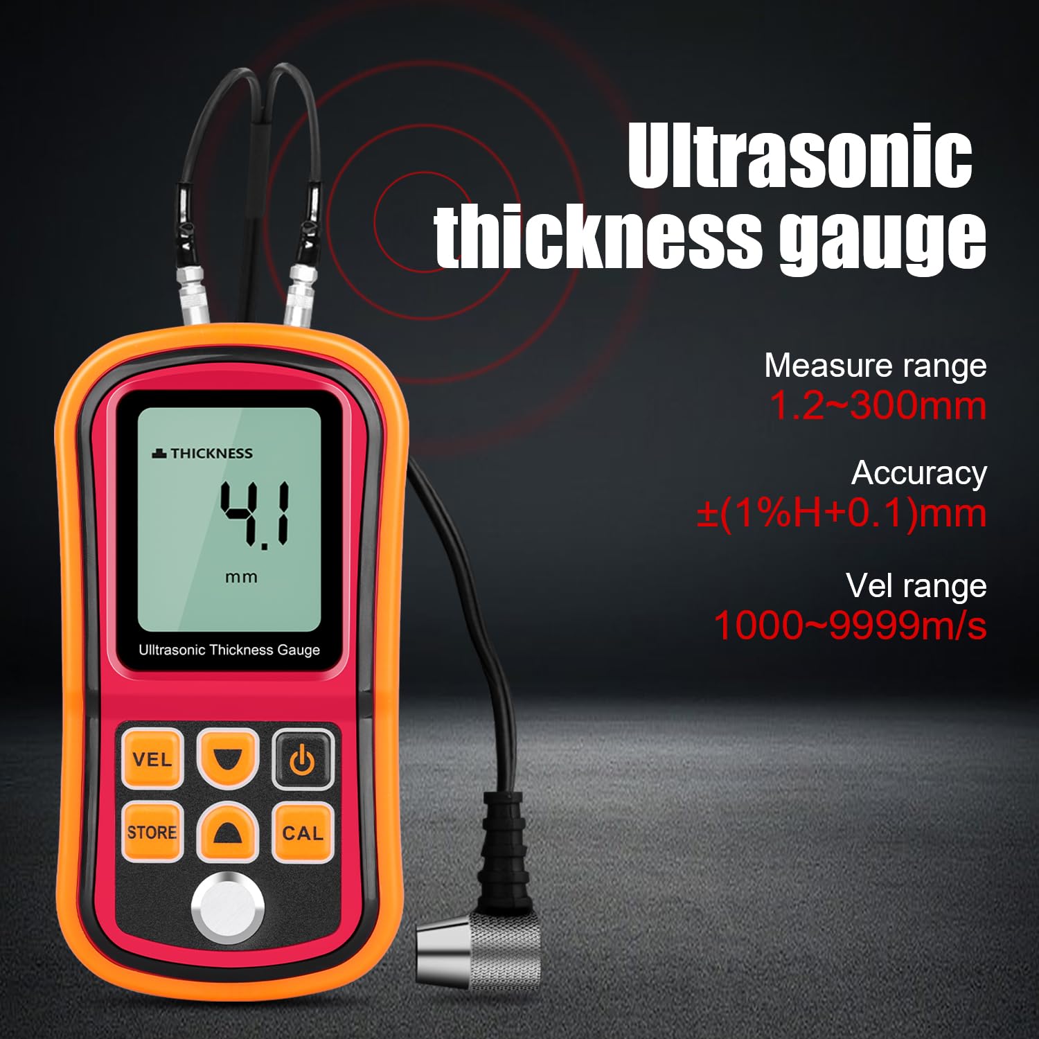 2-in-1 Ultrasonic Thickness Gauge Tester Meter, Thickness Range 1~300mm / Sound Velocity Range 1000~9999m/s with Probe for Metal and Nonmetal Materials, Steel, Silver, Plastic, Glass, PVC, Pipes