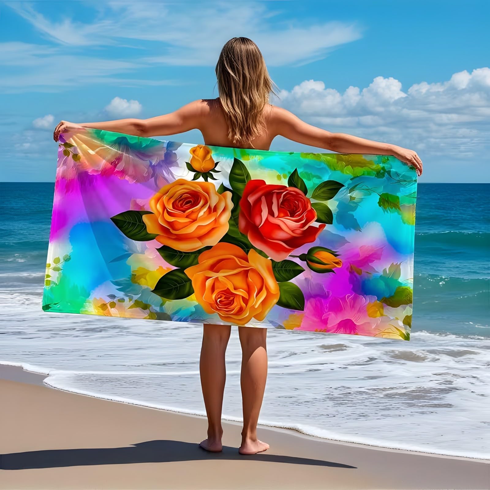 YZQGLHP Roses Microfibre Beach Towel Rainbow Beach Bath Towel Quick Drying, Lightweight, Sand-Free, Durable, for Pool, Gym, Camping, Travel Towel 80x180cm