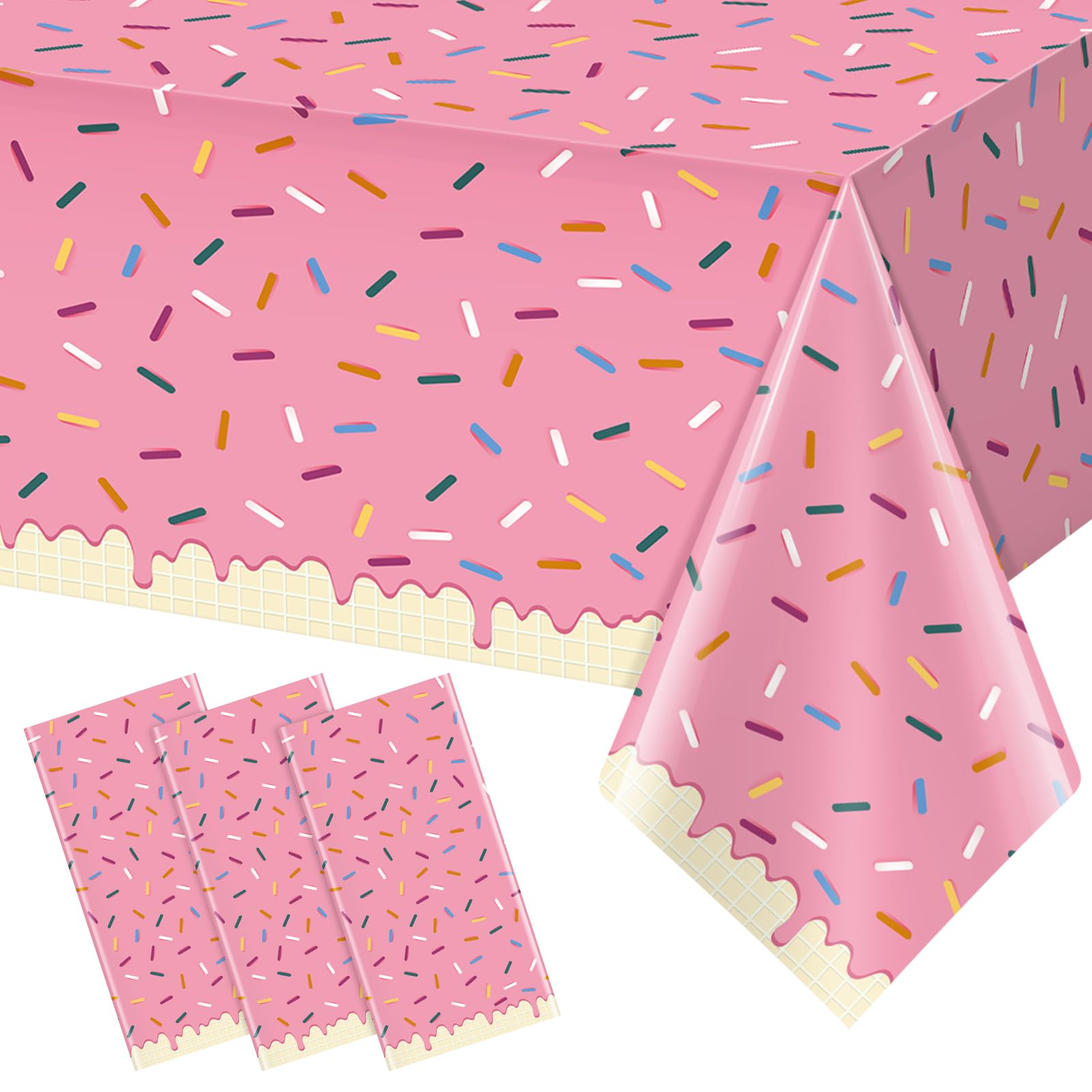 Hallswl 3Pcs 54 * 108 Inch Ice Cream Sprinkle Donut Tablecloth | Ice Cream Table Cloth Disposable Plastic Rectangle Table Covers for Baby Girl Sweet One Birthday Donut Party Decorations