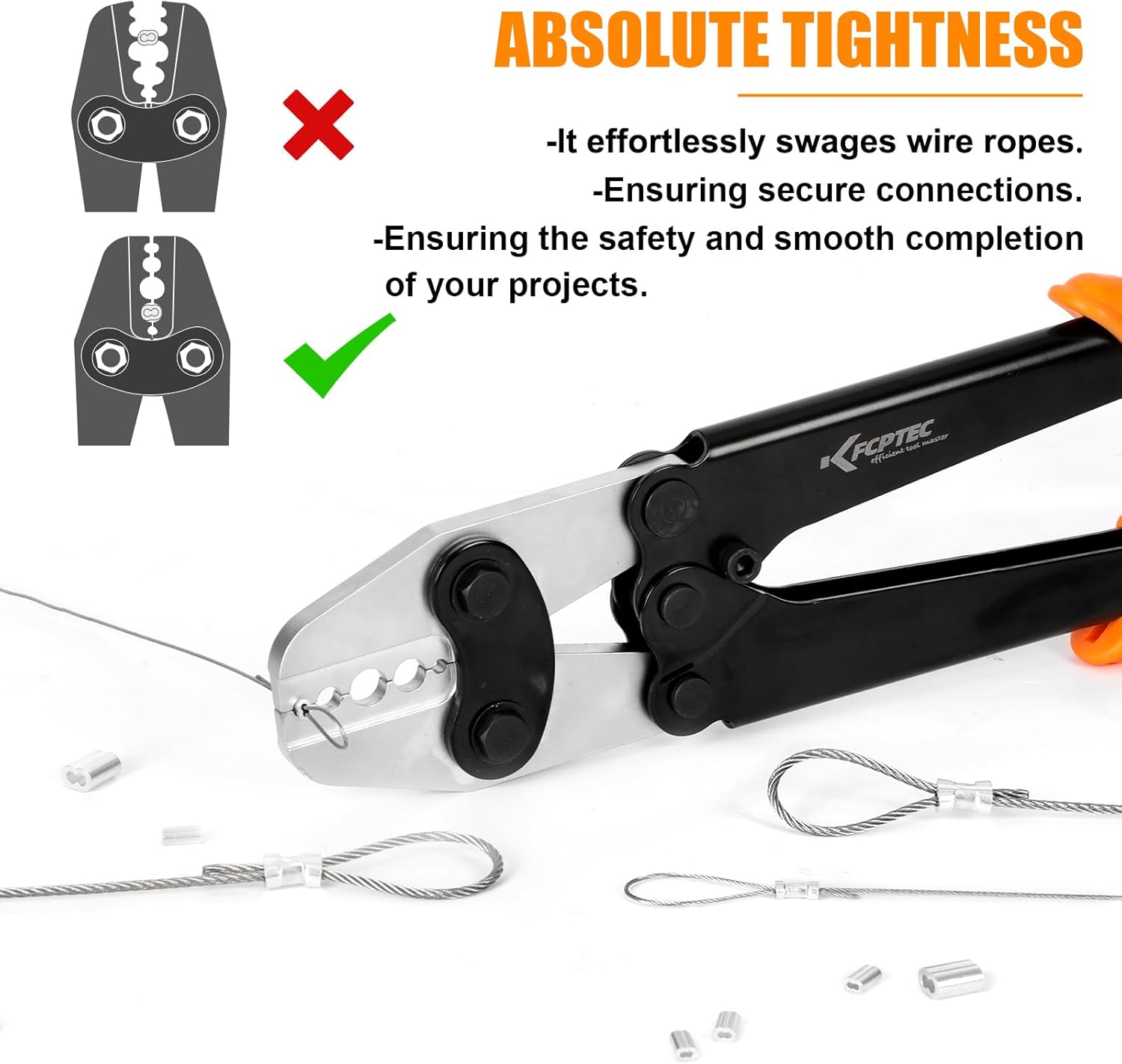 KF CPTEC Wire Rope Crimping Tool 1/16"-3/16"(1.58-5.0mm), Ferrule Swager for Aluminum & Loop Sleeves, Heavy-Duty Crimper for Railing & Fishing