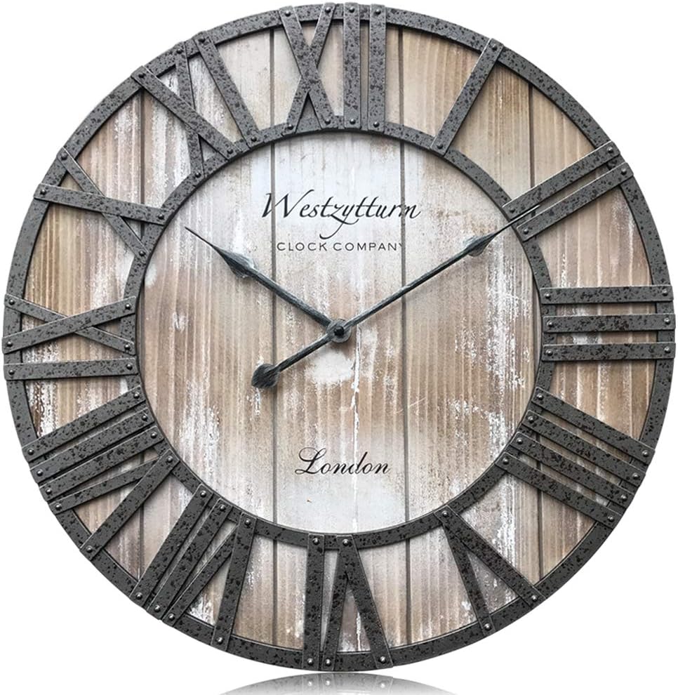 Wood Wall Clock 18 inch Battery Operated Non Ticking Silent Large Decorative Antique Clock Metal Hands Round Rustic Clock ，Wooden Clocks for Bedrooms，Living Room，Office （Westzytturm Brand Pink）