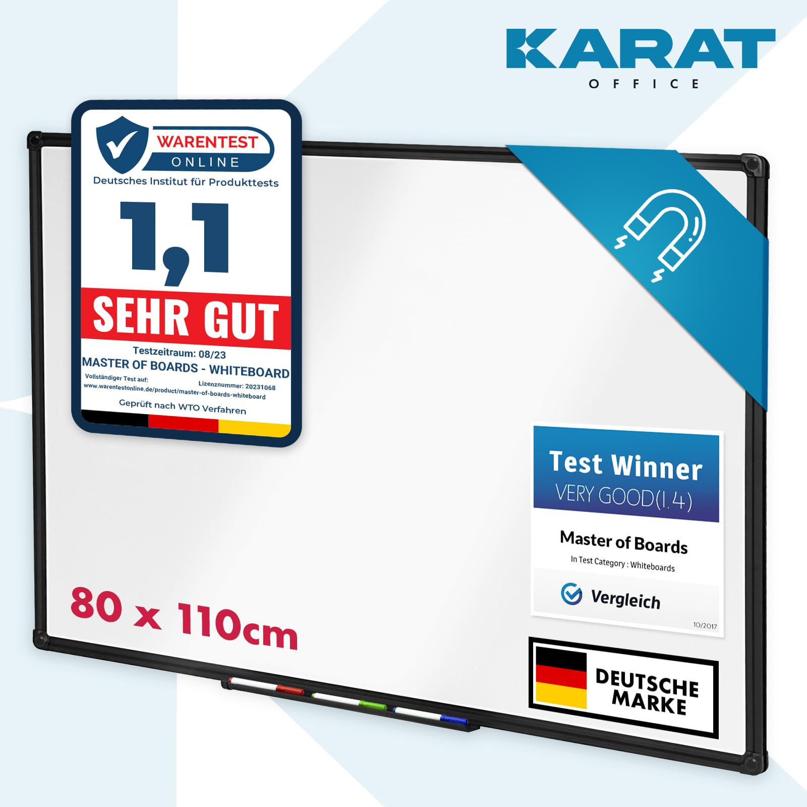 KARAT Tableau Blanc effaçable Onyx - Panneaux Magnétique avec Cadre Noir en Aluminium - Ardoise velleda laqué 80x110 cm - Tableau aimanté Mural résistant aux Rayures - Inclus matériel de Montage