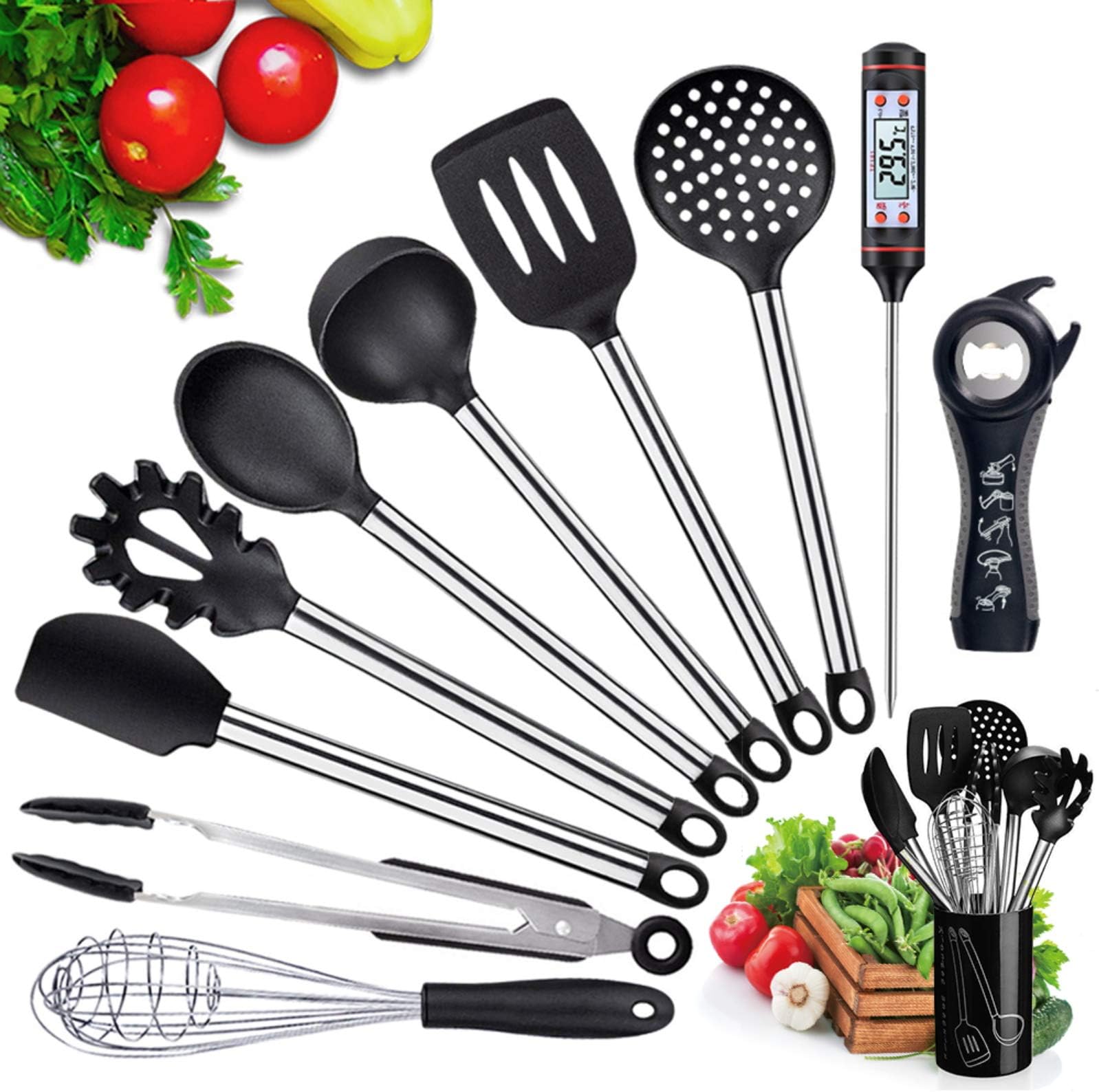 Kitchen Utensil Set, BMK 8Pcs Stainless Steel Cooking Tools with 1Pc Bottle Opener and 1Pc Utensil Holder, Nonstick Non-Scratch Heat Resistant Silicone Kitchenware Set - Black (Black O)