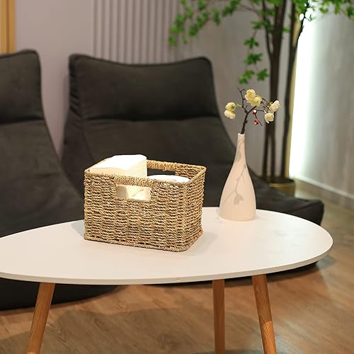 Miniatura 4 de HOONEX Cestas grandes de mimbre para almacenamiento, cestas de hierba marina con asas dobles, cestas tejidas para almacenamiento, juego de 3,