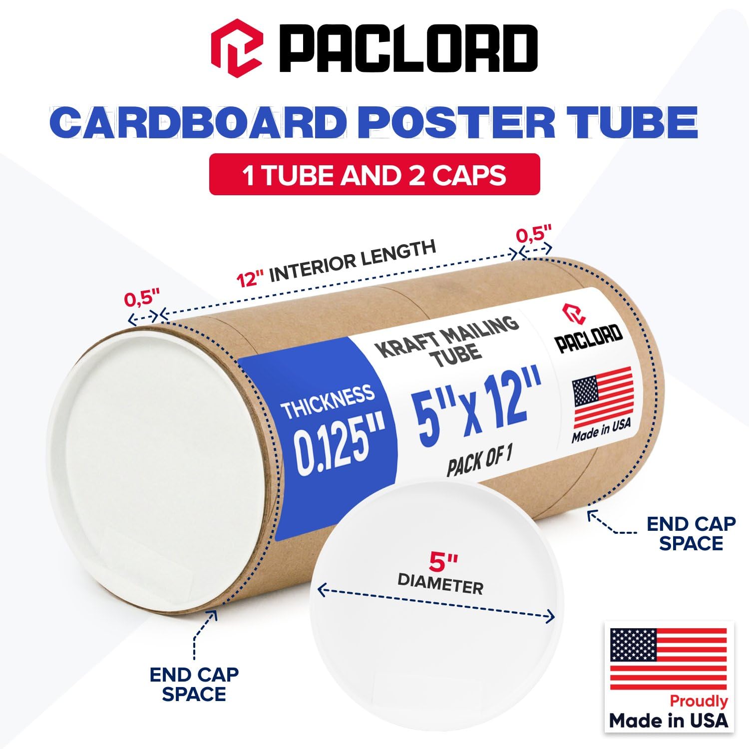 Tubo postale in carta kraft rinforzata, 12,7 x 30,5 cm, confezione da 1 tubo con 2 tappi, approvato USPS, per spedire e conservare stampe, opere d'arte, poster o documenti