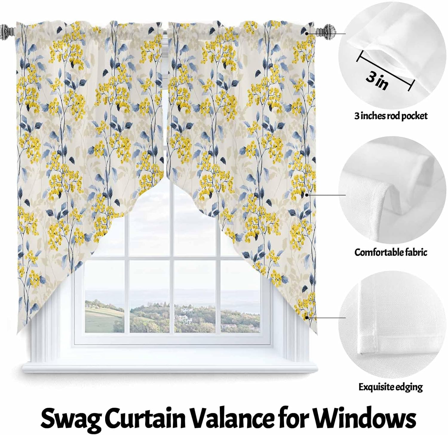 YOKOU Swag Curtains, Blue Leaves Yellow Berries Floral Summer Farm Plant Print Kitchen Curtains Valance Tiers for Small Window Bedroom Bathroom, Rod Pocket 2 Panel, 36"x36"