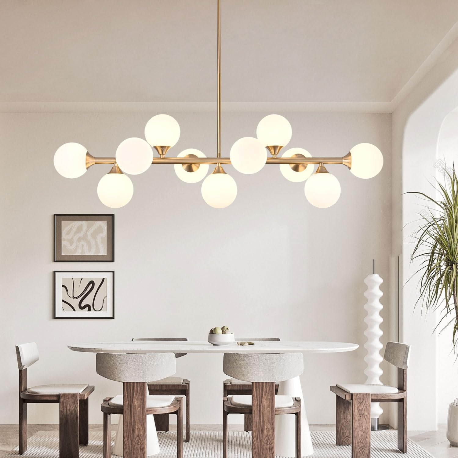 Mid Century Modern Gold Chandelier ，Dining Room Over Table Pendant Light Fixtures，Linear Globe Sputnik Chandeliers for Kitchen Island ， with Milk White Bubble