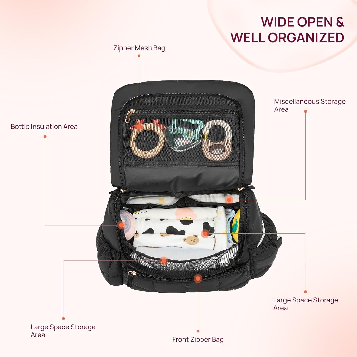 Telena Diaper Bag Mini Diaper Backpack with Changing Pad, Puffer Baby Travel Bag with Insulated Pockets, Stroller Straps, Black