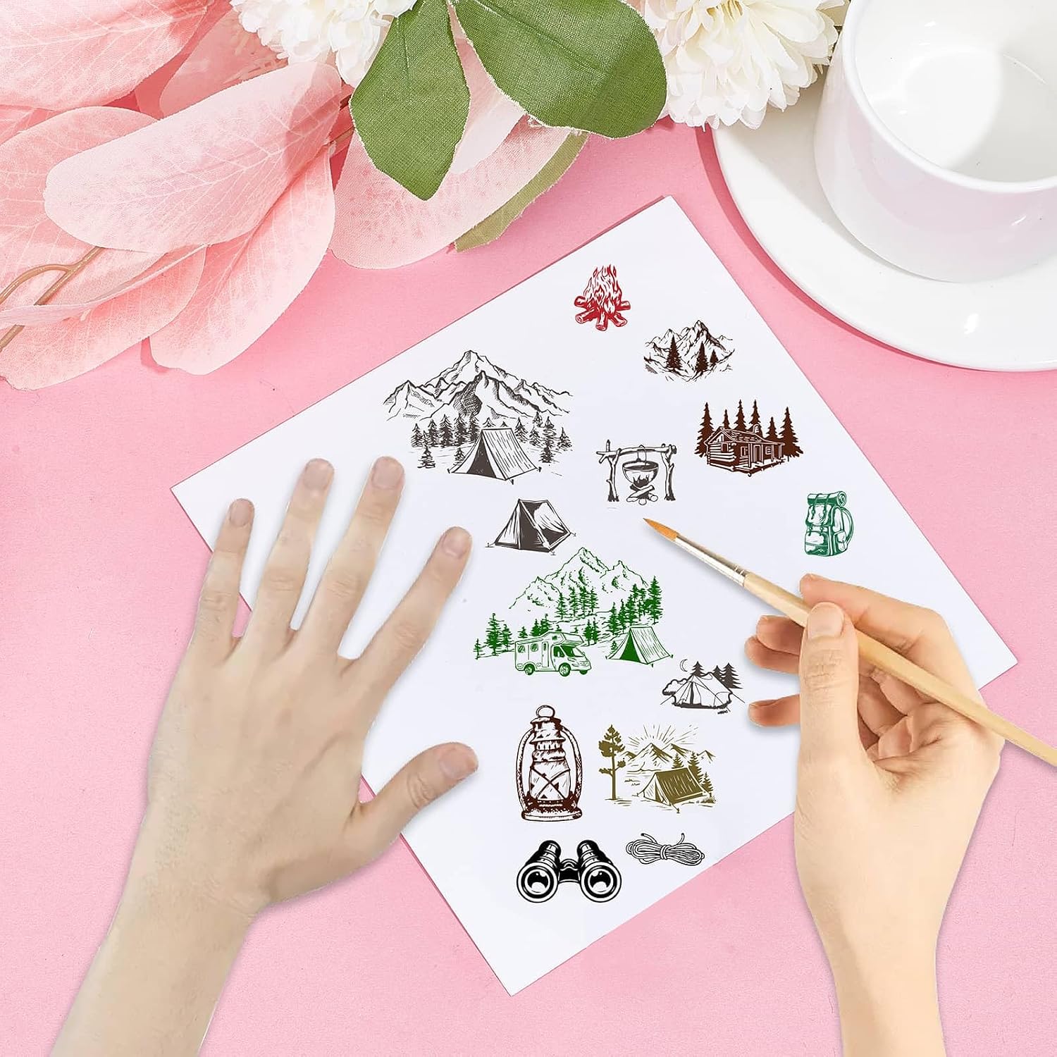 CRASPIRE Mountain Camping Clear Rubber Stamp Vintage Forest Tent Retro Transparent Silicone Seals Stamp for Journaling Card Making DIY Scrapbooking Handmade Photo Album Notebook Decor 6.3 x 4.3inch