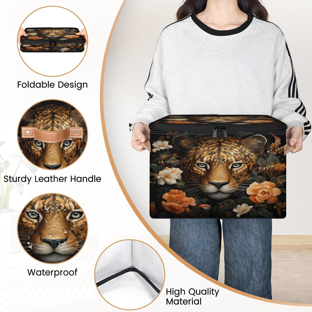 Storage Bin Set of 2 Leopard Floral Storage Basket with Zipper Lid & Handle Foldable Closet Shelf 2 Pack Cloth Organizer Basket Cube Bins Clothes Organizer for Bedroom, Nursery