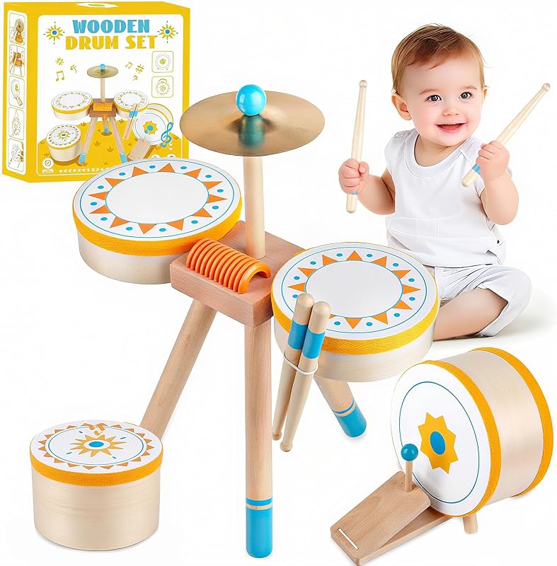 Juego de batería para niños pequeños, tambor de Jazz de madera para niños, instrumentos musicales Montessori | Instrumentos musicales de percusión para niños juguetes musicales educativos Montessori, regalos para niñas y niños