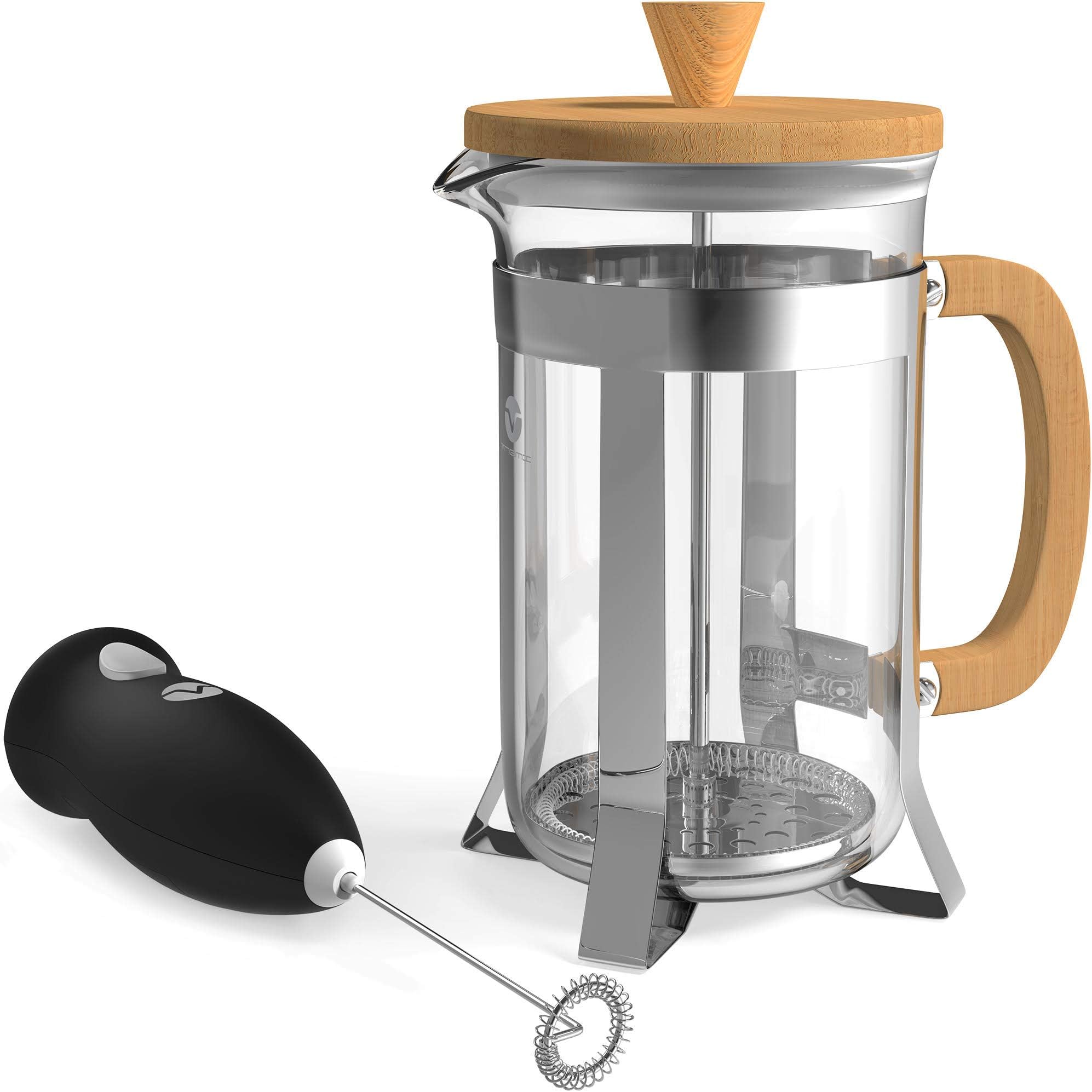 Vremi French Press - 8 Cup Premium Coffee Maker with Heat Resistant Borosilicate Glass Pot - Includes Battery-Operated Handheld Milk Frother