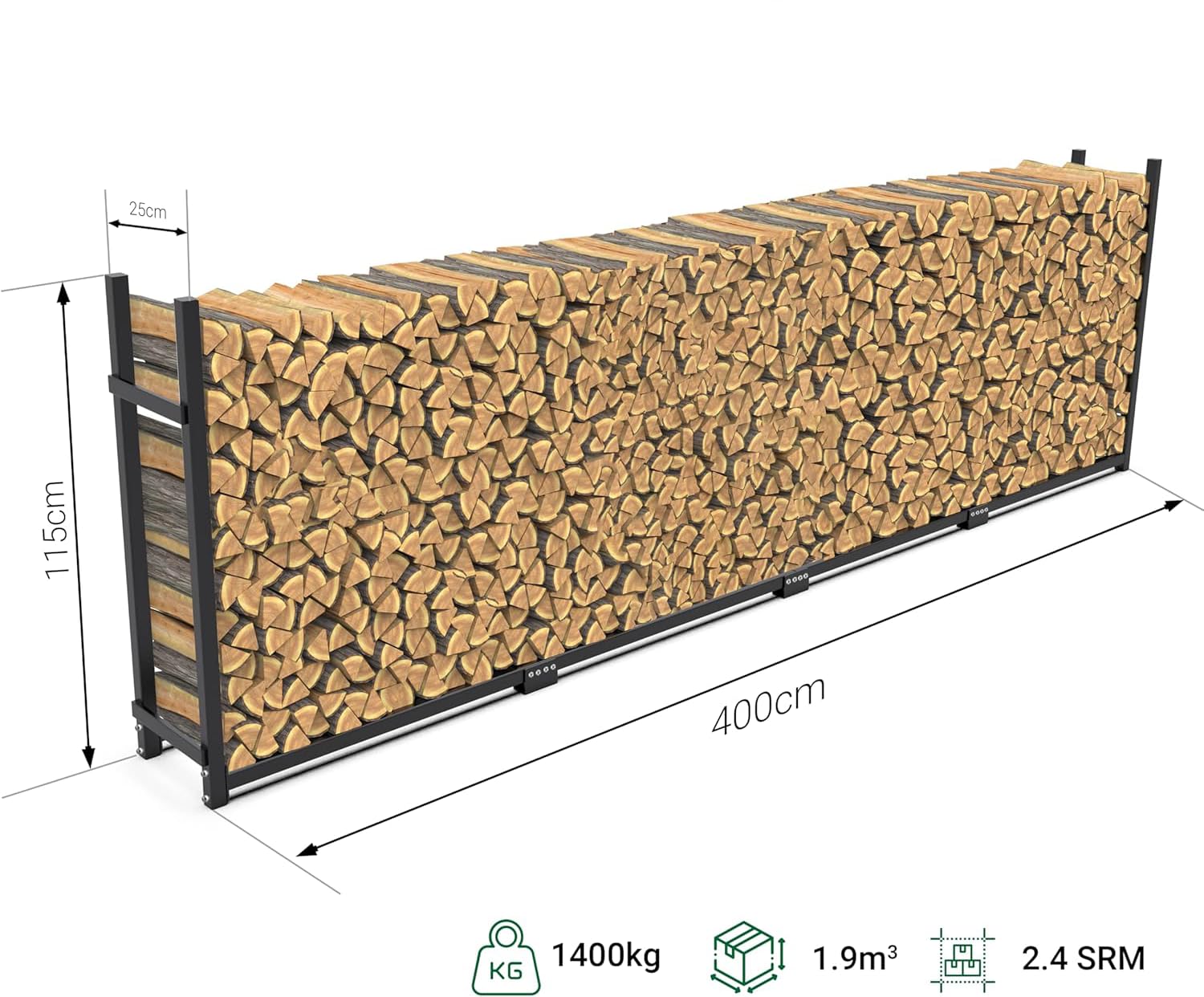 WIELS® Brennholzregal außen 400x25x115cm, Kaminholzregal Metall + Abdeckung, Kaminholzunterstand 1400kg Wasserdichter Holzlager Holzstapelhilfe für Garten Terrasse (400x25x115cm)