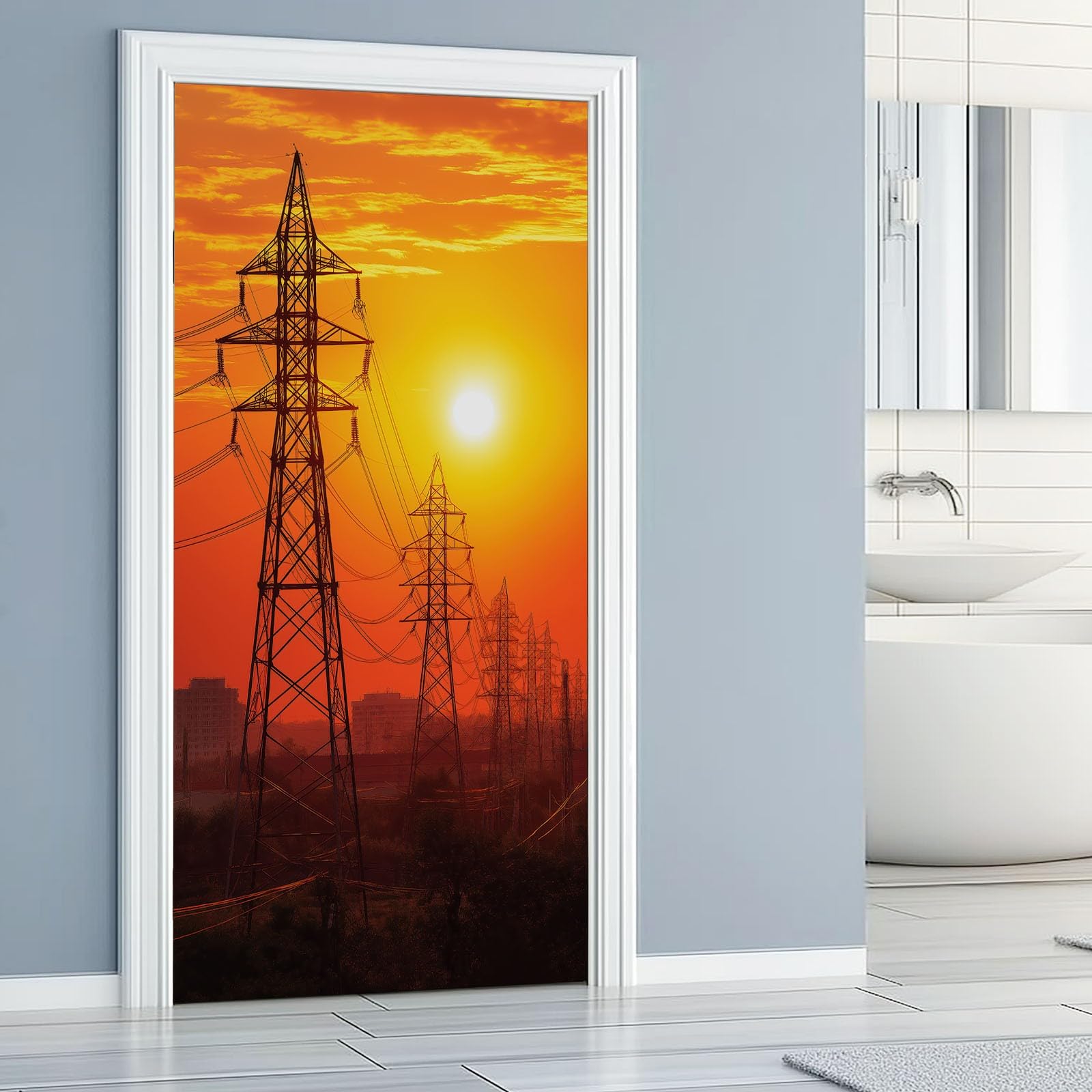 Adesivo per porta in stile moderno, motivo torre con tramonto naturale, in PVC, impermeabile, rimovibile, con buccia d'arancia, per camera da letto, soggiorno, decorazione per la casa, 95 x 210 cm