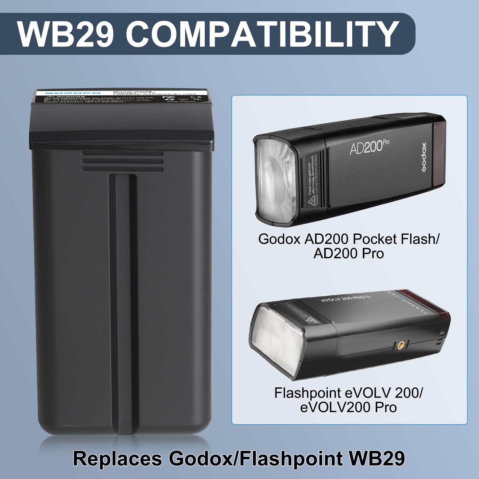 GOROFO WB29 Replacement Battery for Godox AD200 Pro, AD200, WB29 / WB29A / WB29B Flashpoint eVOLV 200 and eVOLV 200 Pro Strobe Flash