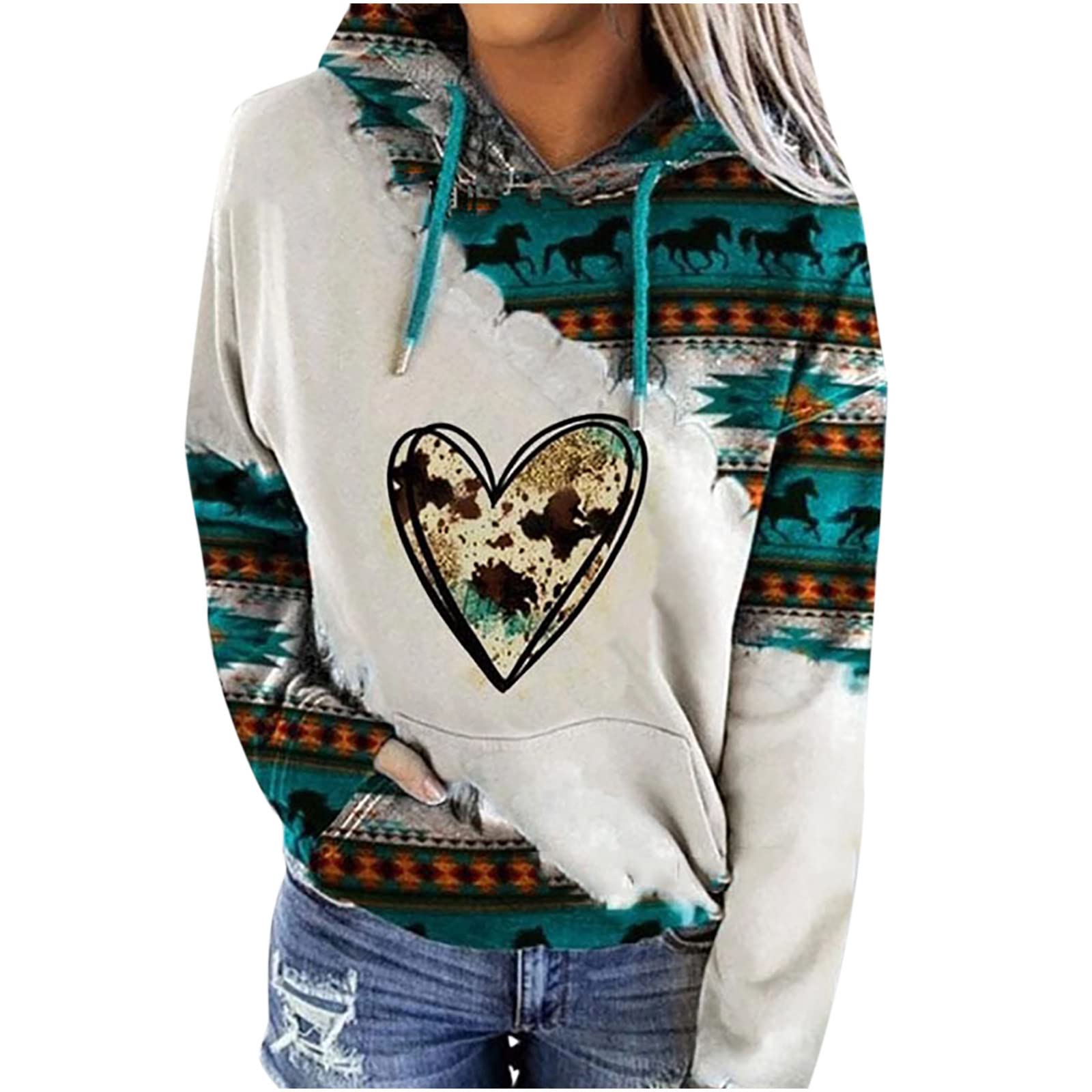 CeboyelWomen Western Aztec Hoodies Drawstring Sweatshirt Pullover Ethnic Vintage Graphic Shirts Tops Causal Fall Clothes