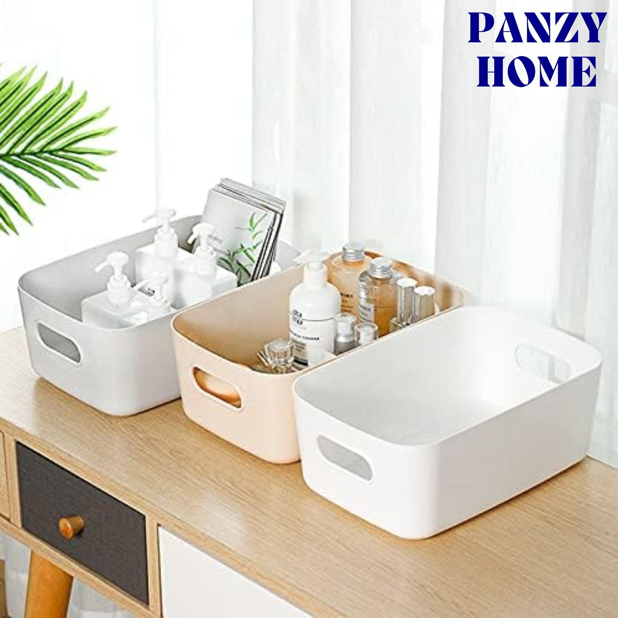 Packung mit 5 Aufbewahrungskörben mit Griff rechteckiger Organizer für Haushalt und Küche, robuste Aufbewahrungsboxen aus Kunststoff, 3 Größen (klein (20,5 x 14,5 x 7,5 cm), 5 Stück, weiß)