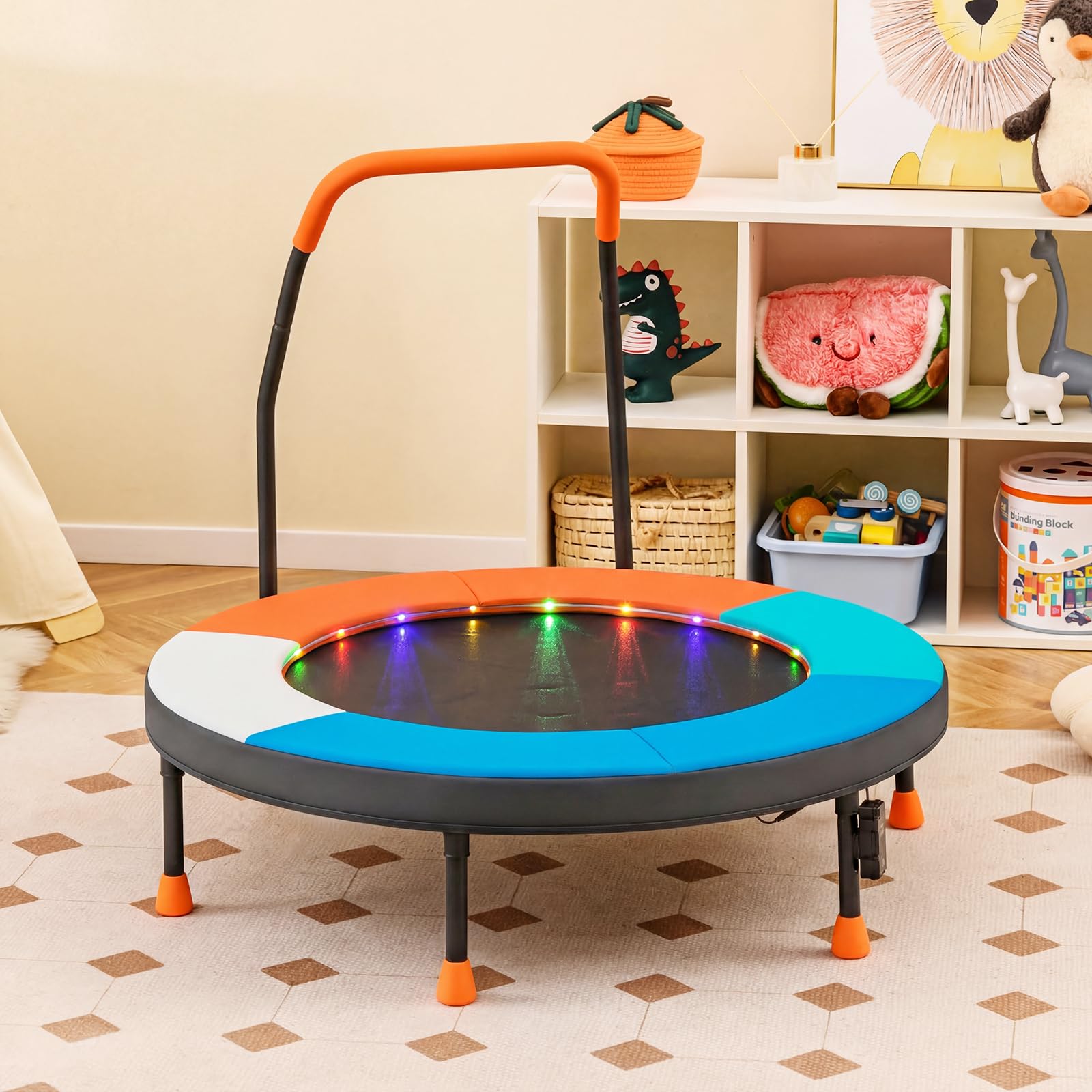 COSTWAY Ø90 cm Kinder Trampolin, Minitrampolin faltbar mit LED Beleuchtung, Fitness Trampolin Indoor mit Griff & Tragetasche, Gartentrampolin klein für Kinder ab 3 Jahren