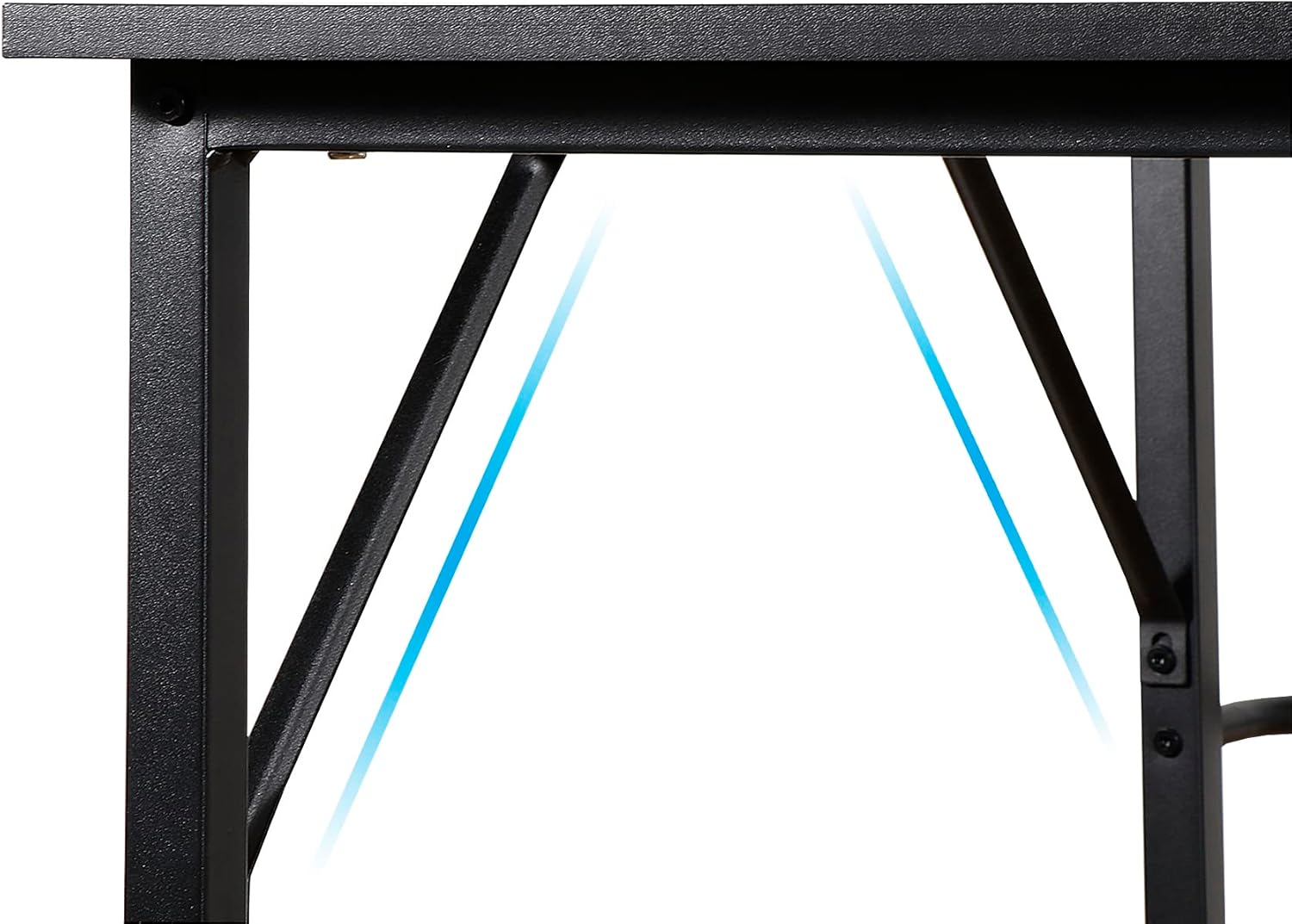 Close-up of the desk's X-crossbar support structure, highlighting stability.