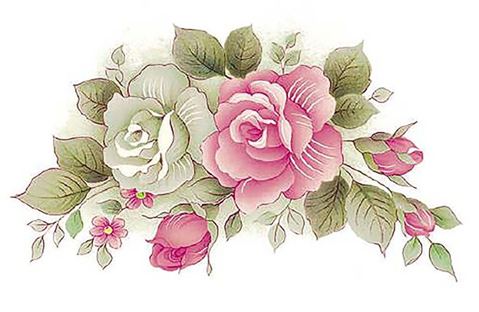 Pink White Rose Spray Flower Overglaze Waterslide Ceramic Decals 4 Inch (3 Decals)