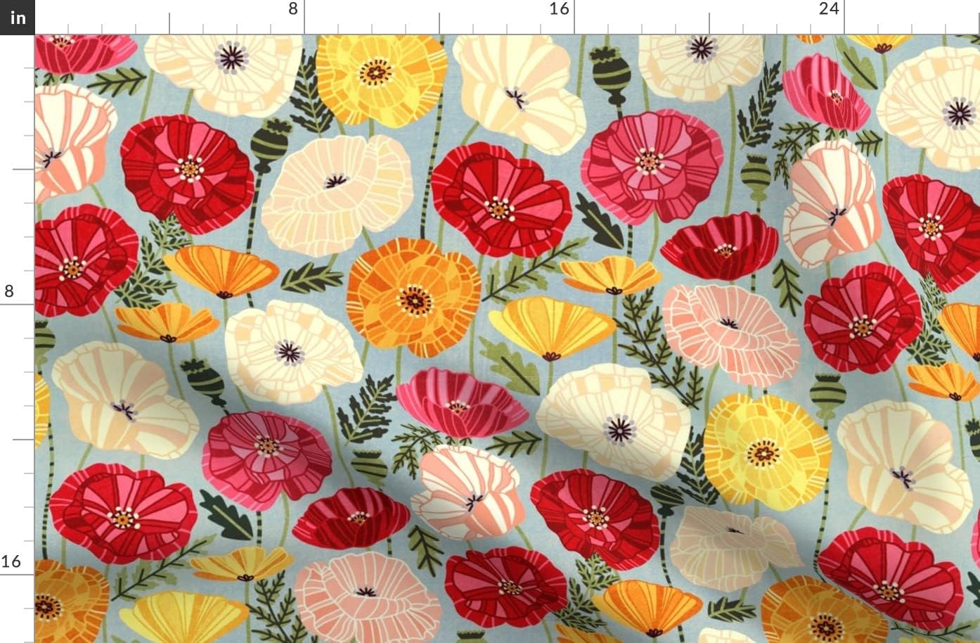 Spoonflower Fabric - Flowers Field Garden Spring Remembrance Flowering Plant Flora Leaves Printed on Organic Cotton Sateen Fabric by The Yard - Sewing Quilting Apparel Home Decor