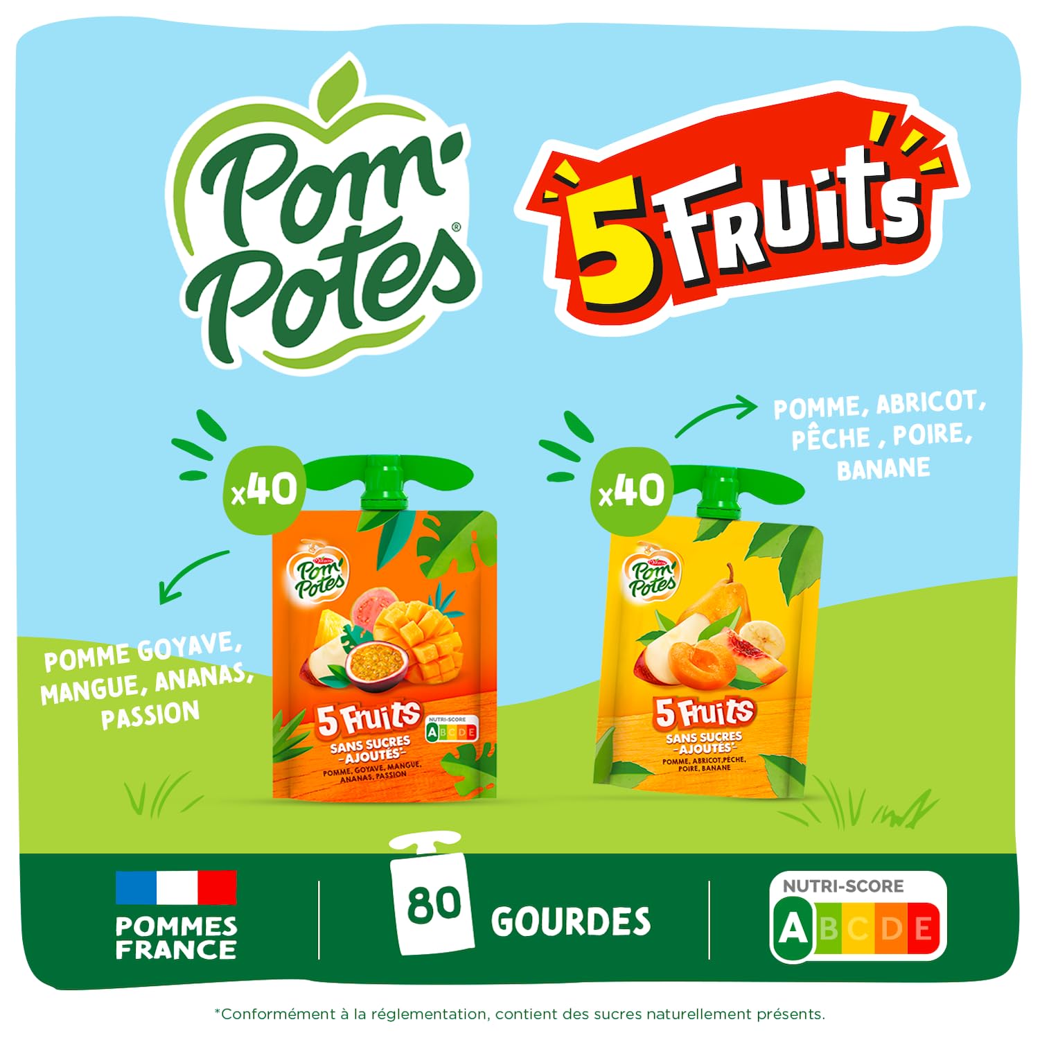 POM'POTES® Compote Sans Sucres Ajoutés 5 Fruits Exotiques/Jaunes 80x90g | Gourde, Pomme Abricot Pêche Poire Banane, Pomme Goyave Mangue Ananas Passion, Source De Fibres, Nutri-Score A, 3 Ans Et Plus
