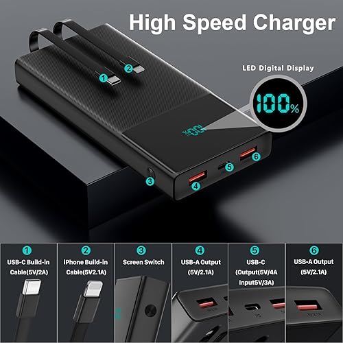 Miniatura 4 de Cargador portátil con 2 cables integrados (USB-C e iOS), cargador de teléfono duradero de carga rápida PD de 13000 mAh con pantalla LED, cargador de
