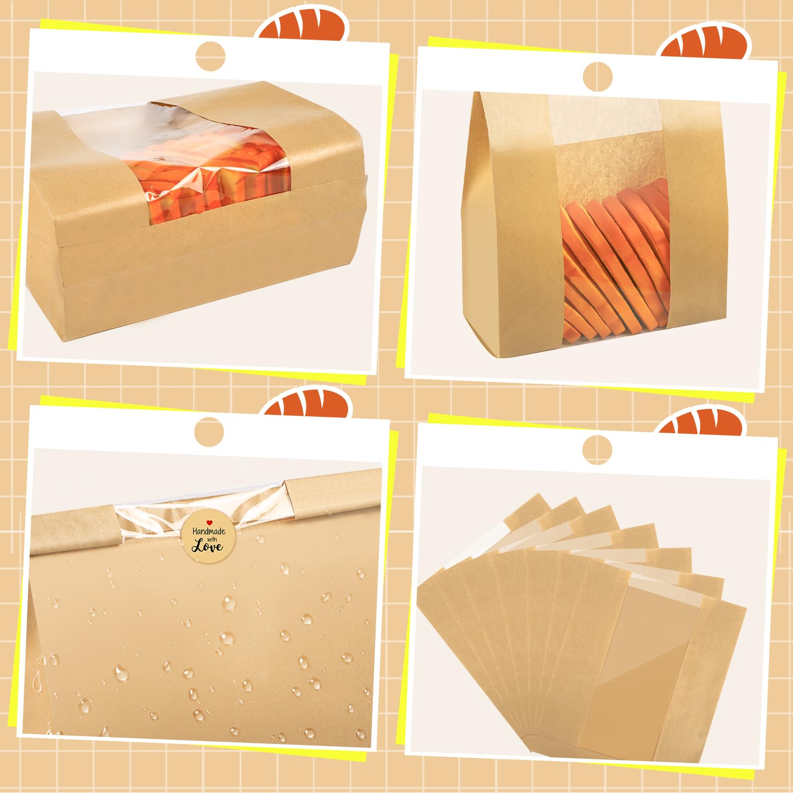 100 bolsas de papel para pan casero, bolsas de pan de masa madre con 100 calcomanías, bolsas de papel kraft con ventana transparente de 16 x 10 x 5 pulgadas